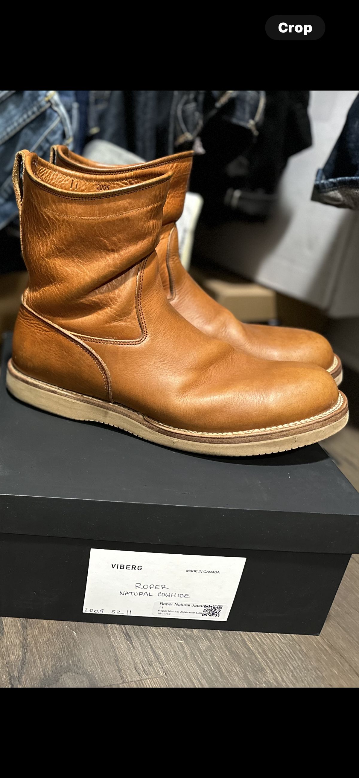 Photo by northsouthdenimguy on April 2, 2024 of the Viberg Roper Boot in Natural Japanese Cowhide.