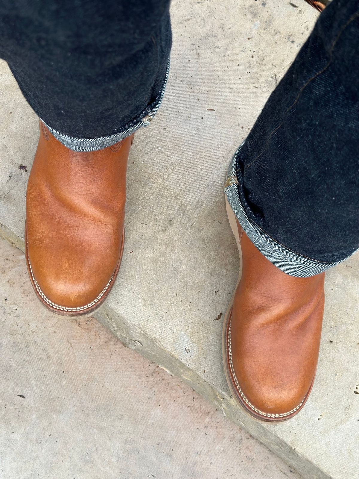 Photo by northsouthdenimguy on April 10, 2024 of the Viberg Roper Boot in Natural Japanese Cowhide.