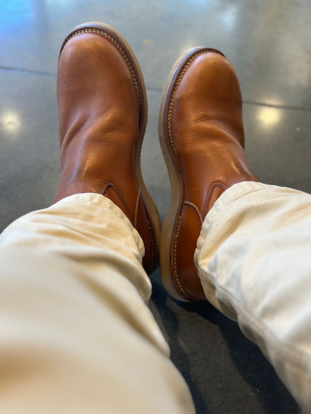 Photo by northsouthdenimguy on June 17, 2024 of the Viberg Roper Boot in Natural Japanese Cowhide.