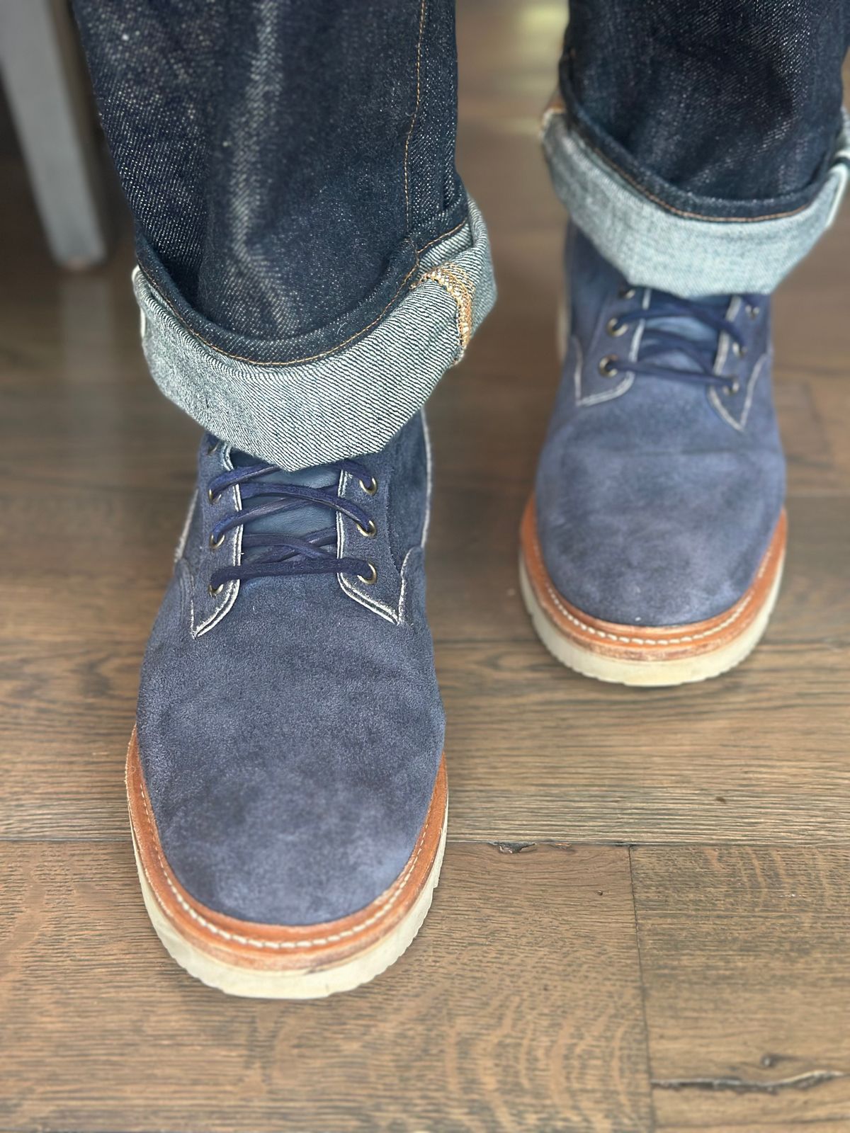 Photo by northsouthdenimguy on July 16, 2025 of the Viberg Scout Boot in Horween Navy Latigo Rough Out.