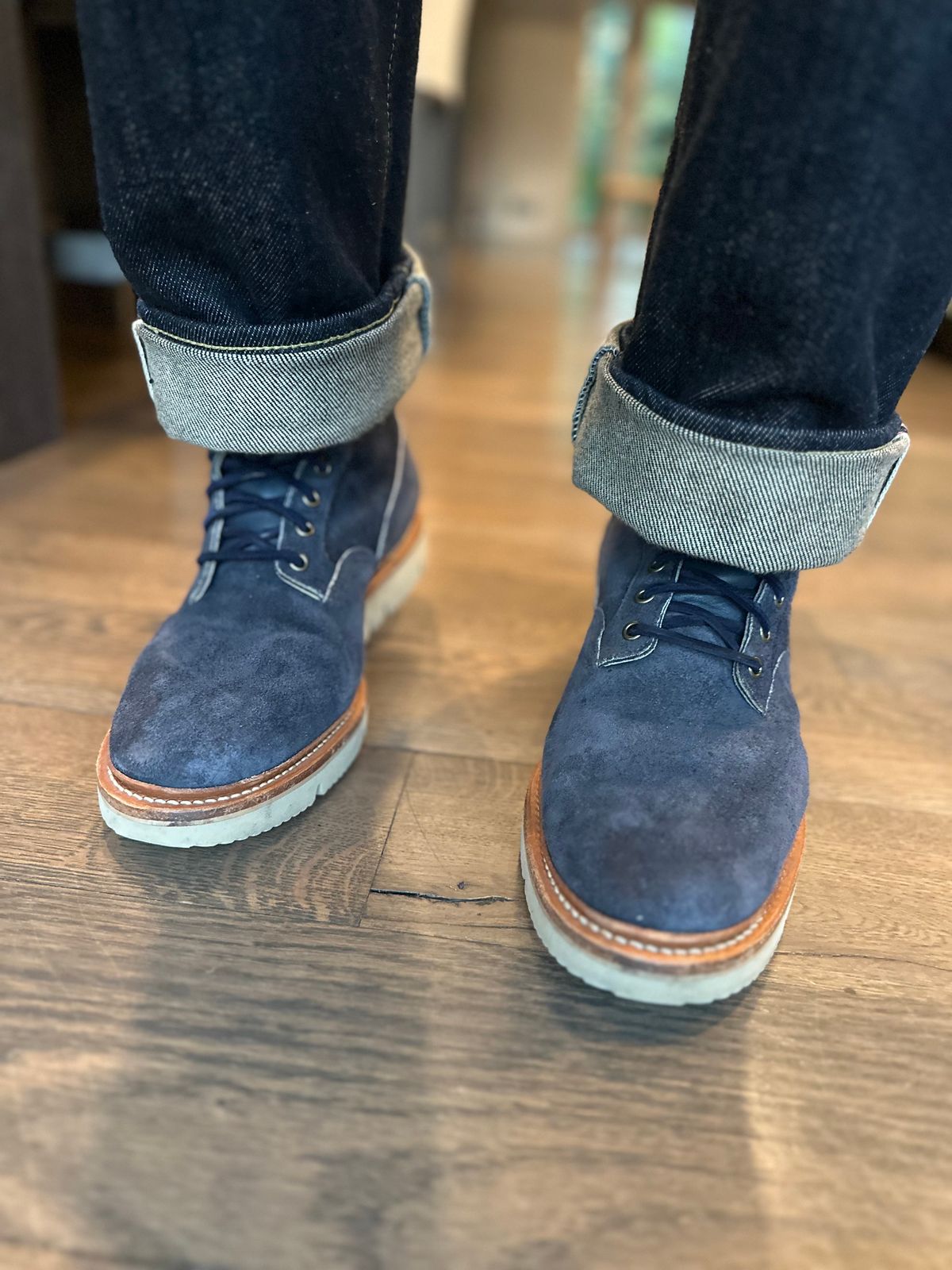 Photo by northsouthdenimguy on October 8, 2025 of the Viberg Scout Boot in Horween Navy Latigo Rough Out.