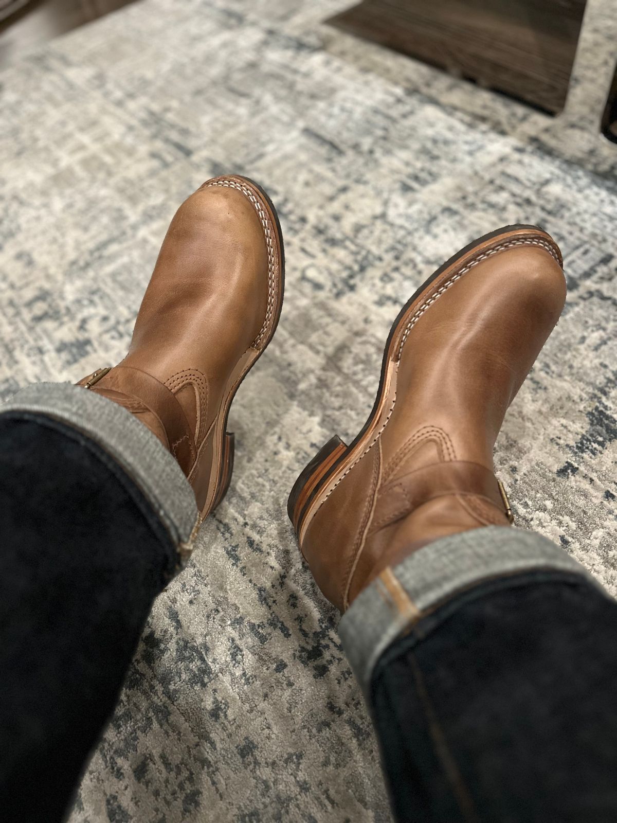 Photo by northsouthdenimguy on December 14, 2024 of the Wesco Ship John X Boss in Horween Natural Chromexcel.