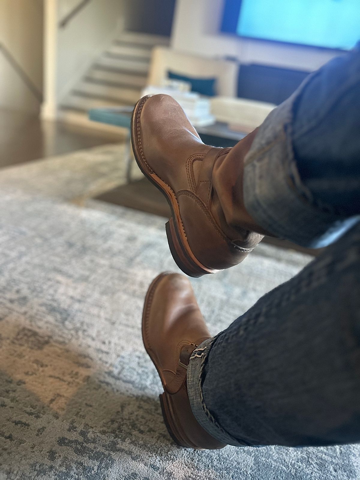 Photo by northsouthdenimguy on October 15, 2025 of the Wesco X Ship John “Bubble toe” Boss in Horween Natural Chromexcel.