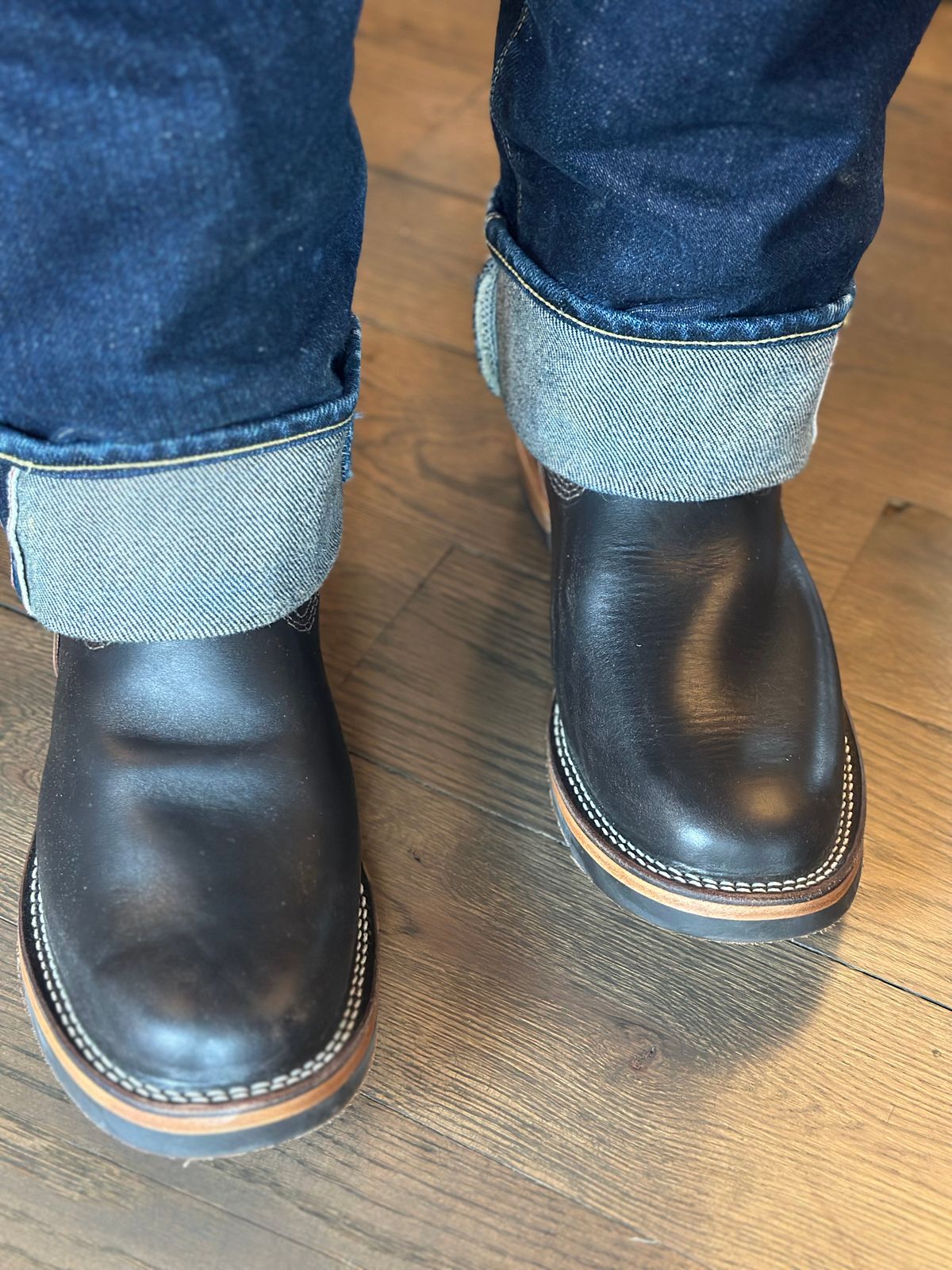 Photo by northsouthdenimguy on February 18, 2026 of the Wesco Weaco X Ship John Mister Lou in Horween Dark Brown Latigo & Horween Chocolate Roughout.