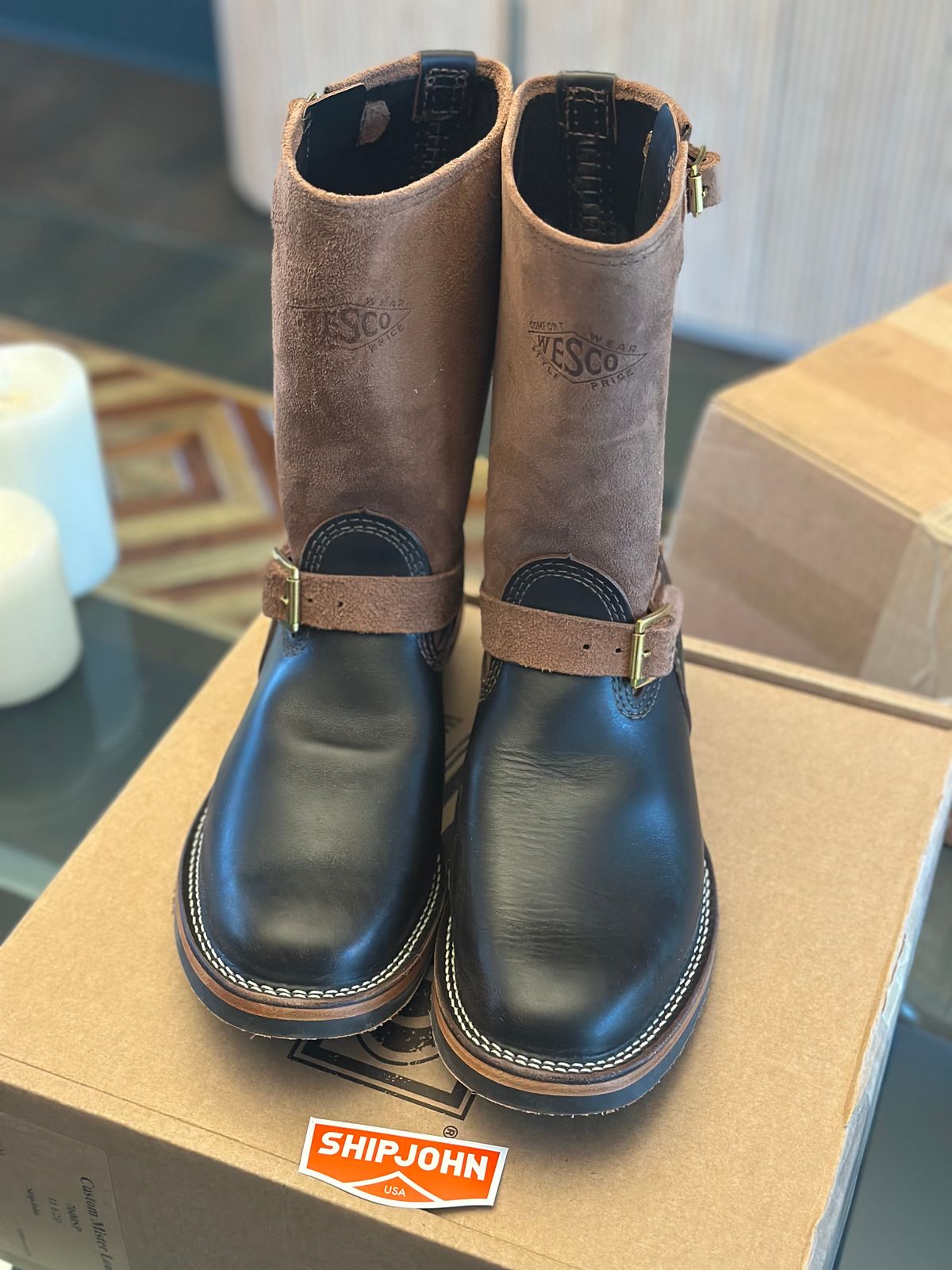 Photo by northsouthdenimguy on February 18, 2026 of the Wesco Weaco X Ship John Mister Lou in Horween Dark Brown Latigo & Horween Chocolate Roughout.