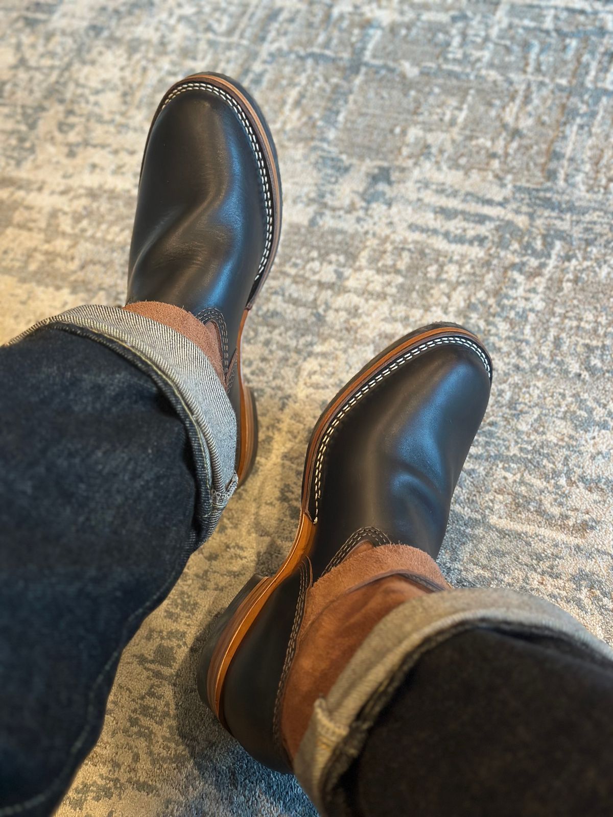 Photo by northsouthdenimguy on February 28, 2026 of the Wesco Weaco X Ship John Mister Lou in Horween Dark Brown Latigo & Horween Chocolate Roughout.