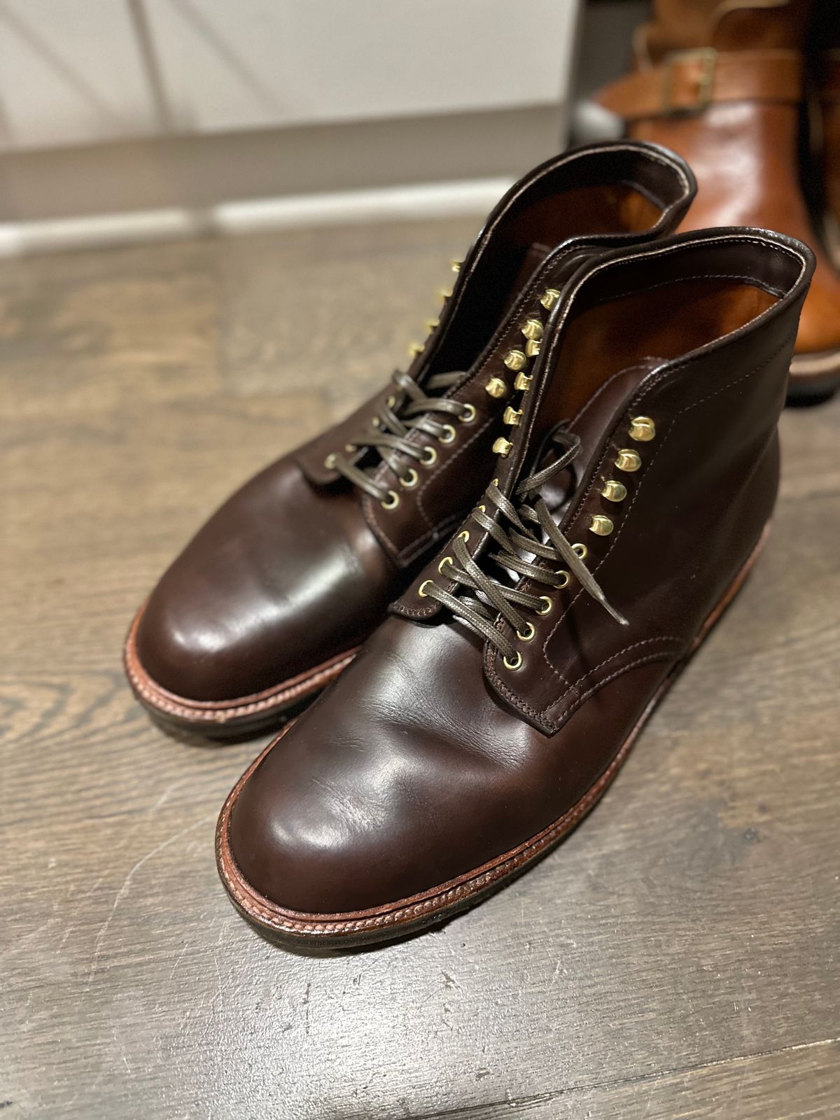 Photo by northsouthdenimguy on April 12, 2024 of the Alden Plain Toe “Roy” Boot in Horween Brown Chromexcel.