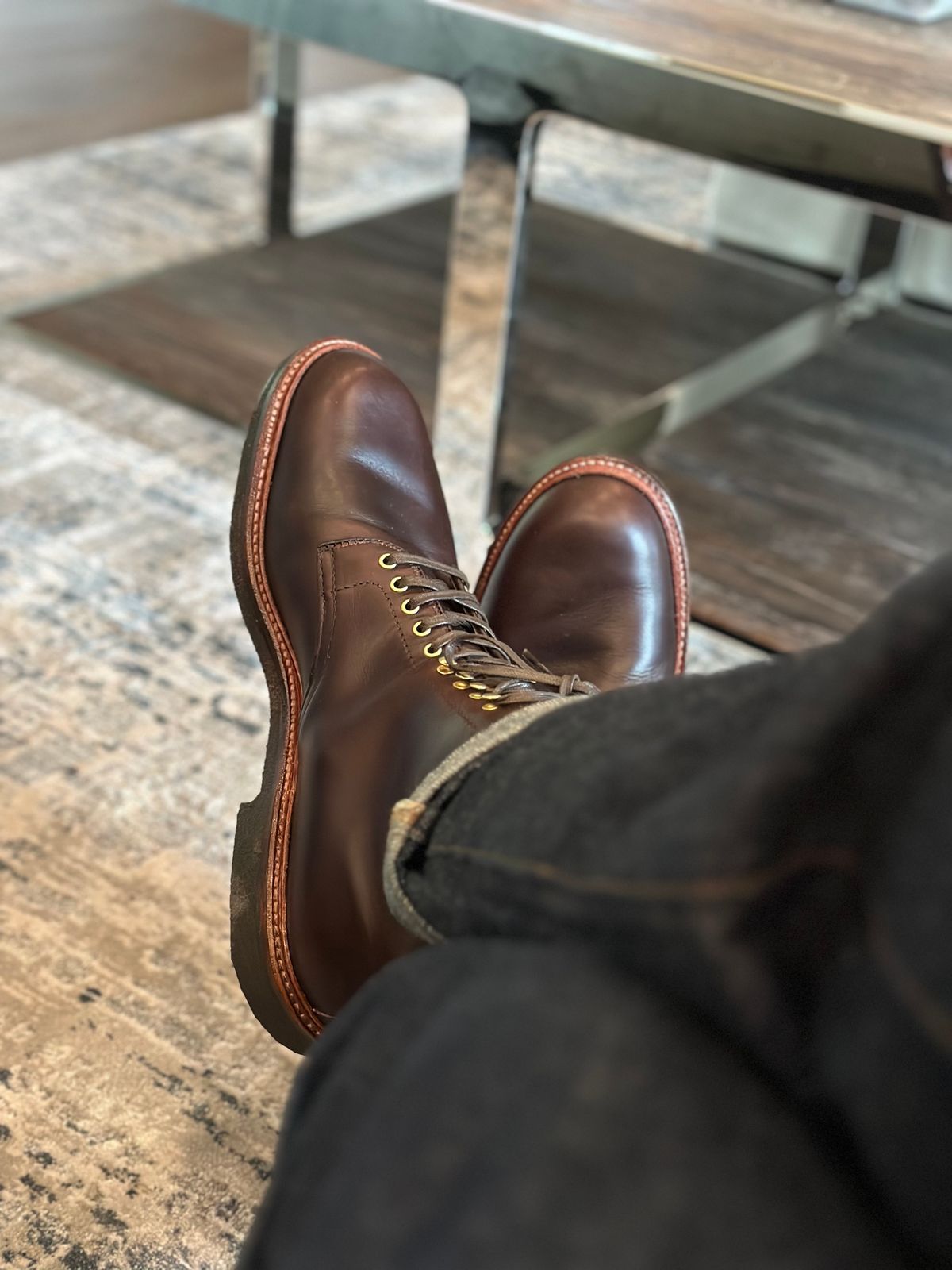 Photo by northsouthdenimguy on April 11, 2024 of the Alden Plain Toe “Roy” Boot in Horween Brown Chromexcel.