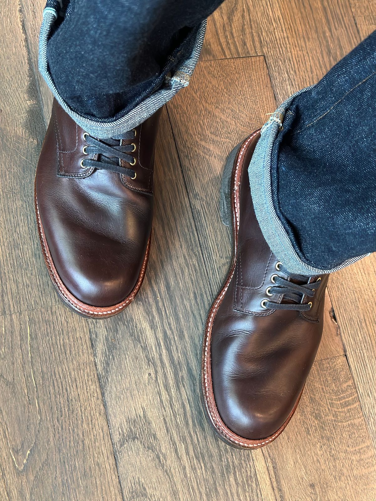 Photo by northsouthdenimguy on April 20, 2024 of the Alden Plain Toe “Roy” Boot in Horween Brown Chromexcel.