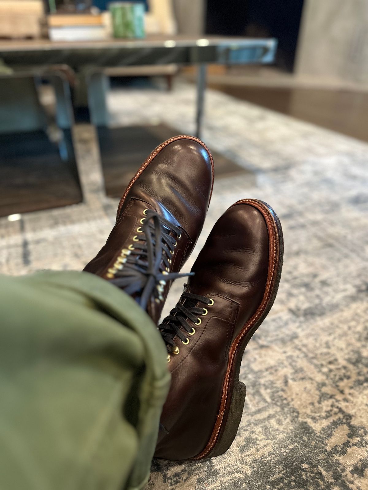 Photo by northsouthdenimguy on May 11, 2024 of the Alden Plain Toe “Roy” Boot in Horween Brown Chromexcel.
