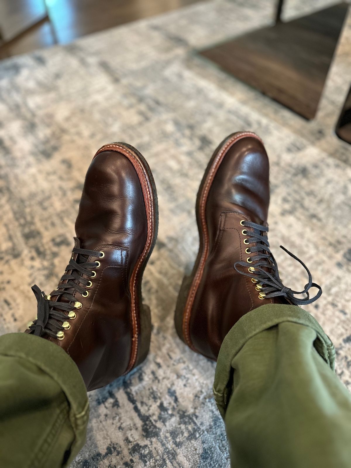 Photo by northsouthdenimguy on June 16, 2024 of the Alden Plain Toe “Roy” Boot in Horween Brown Chromexcel.