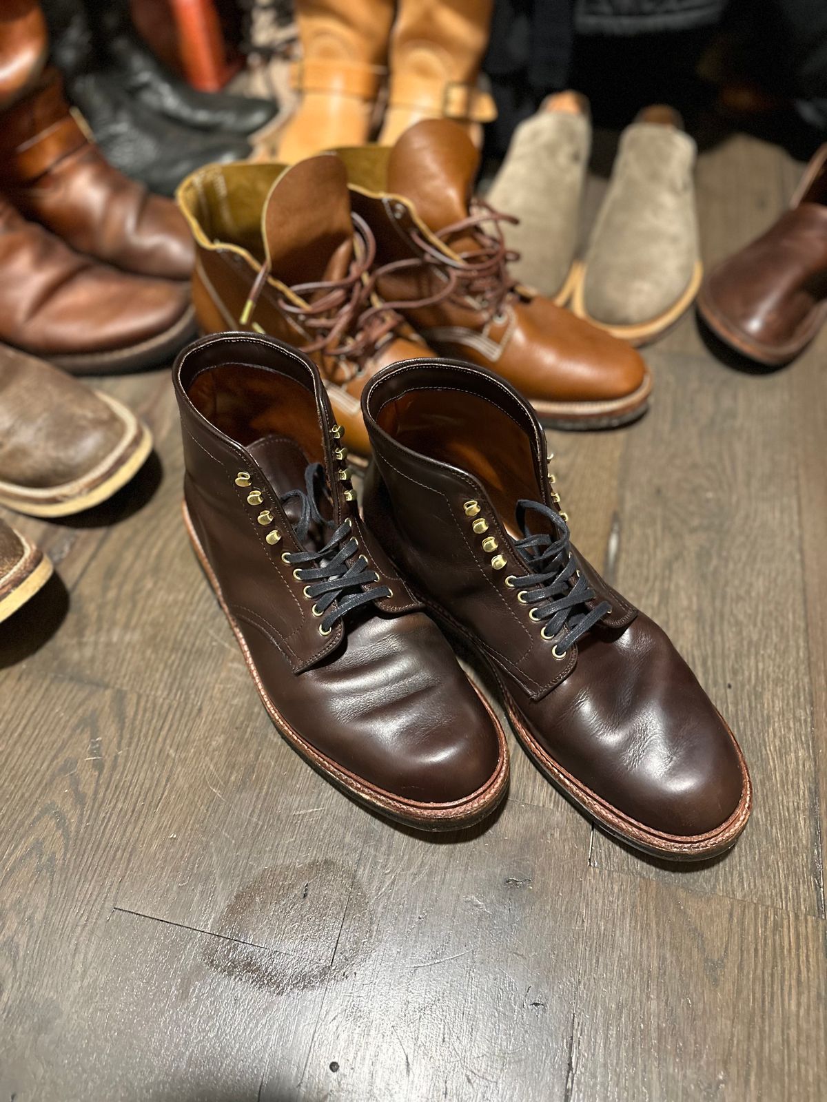 Photo by northsouthdenimguy on August 9, 2024 of the Alden Plain Toe “Roy” Boot in Horween Brown Chromexcel.