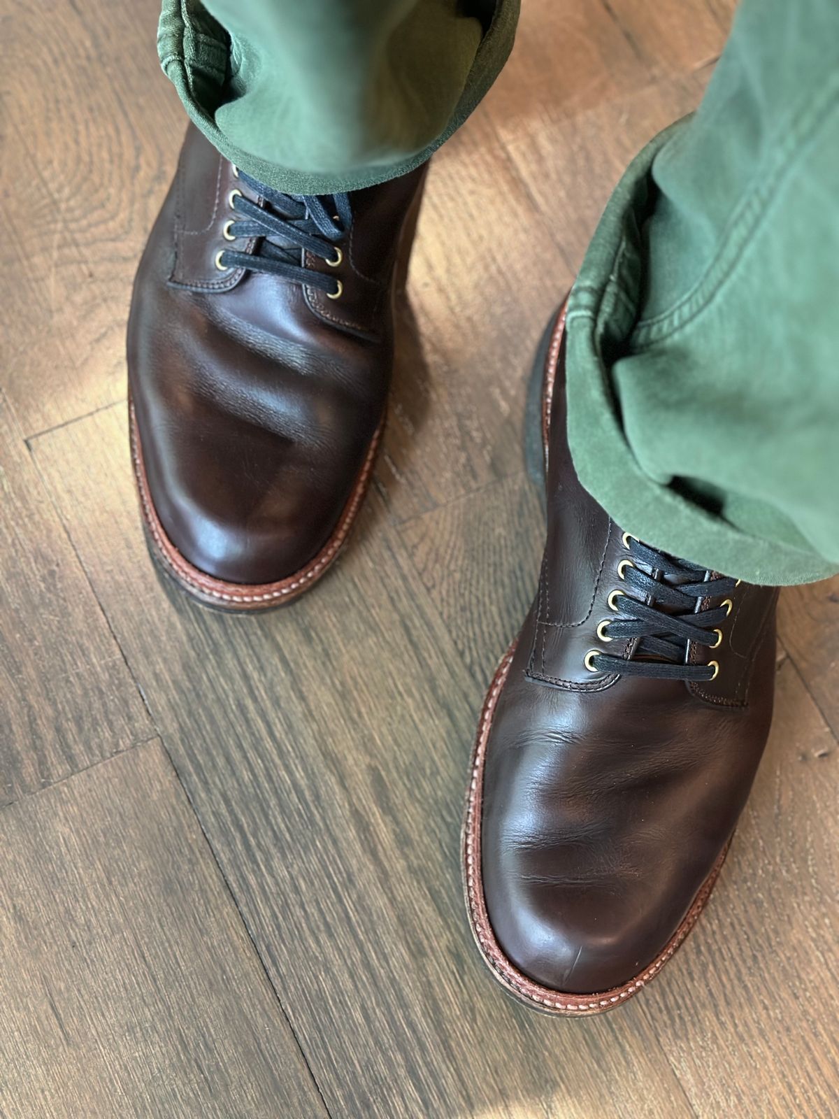 Photo by northsouthdenimguy on September 1, 2024 of the Alden Plain Toe “Roy” Boot in Horween Brown Chromexcel.