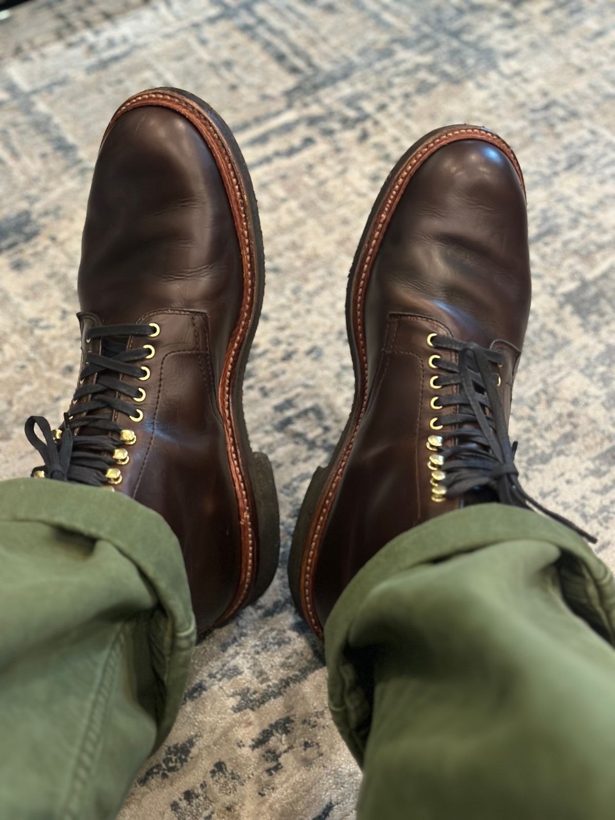 Photo by northsouthdenimguy on September 1, 2024 of the Alden Plain Toe “Roy” Boot in Horween Brown Chromexcel.