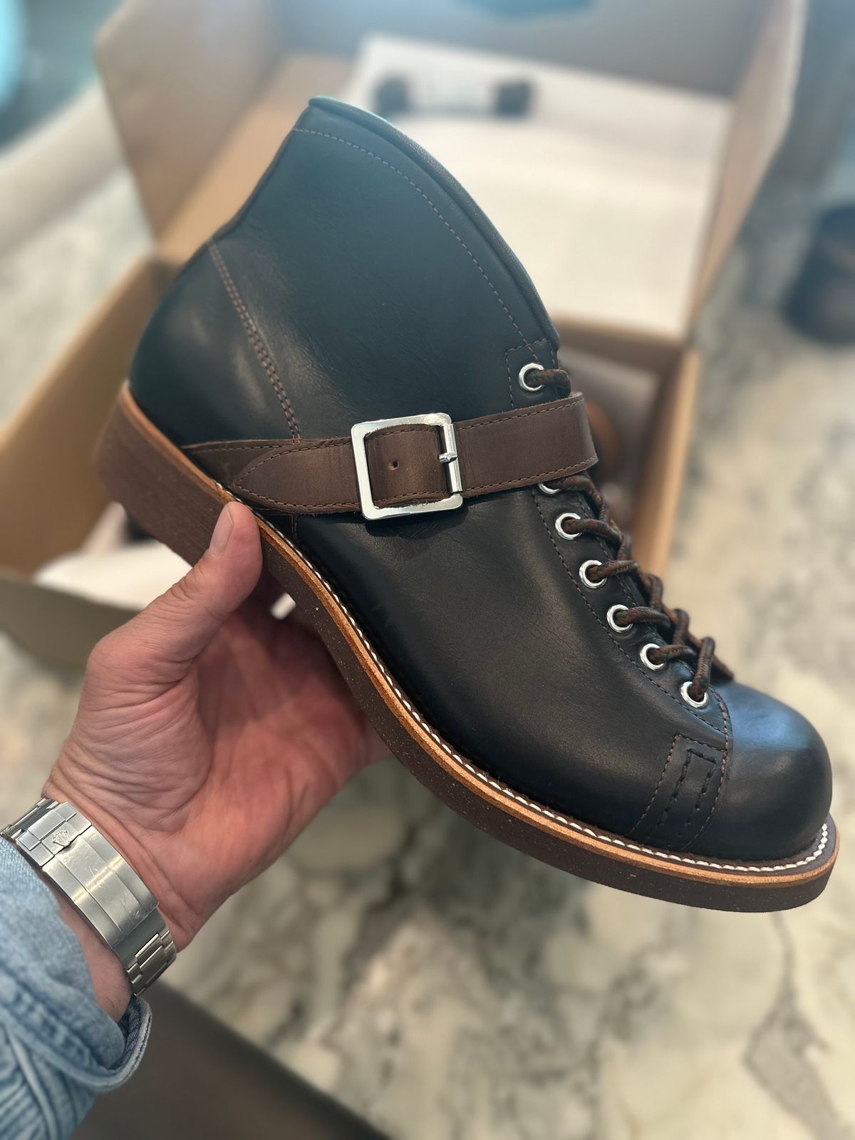 Photo by northsouthdenimguy on May 9, 2025 of the Dr. Sole Ski Boot in Horween Black Chromexcel.