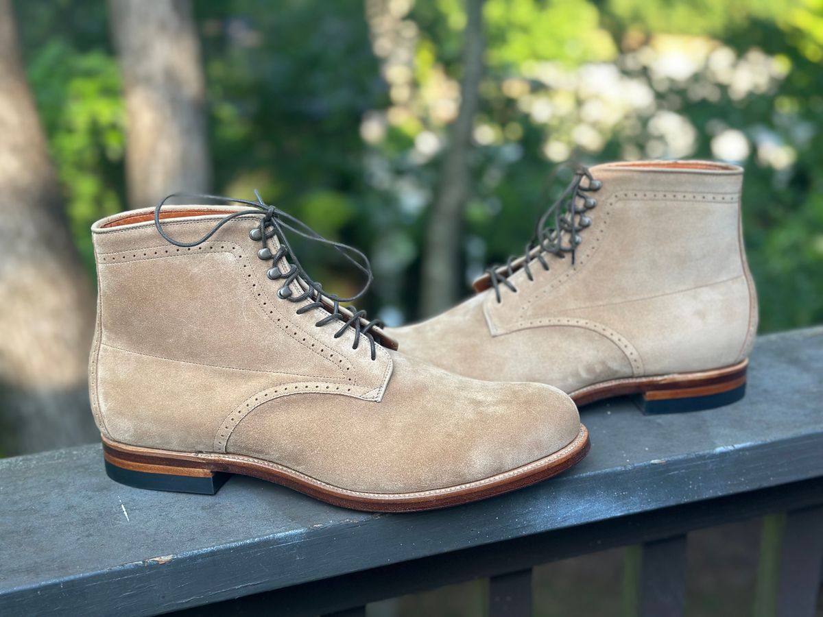 Photo by northsouthdenimguy on May 12, 2026 of the Viberg Viberg x Garmsville Brogue Navvy Boot in Opera Peanut Papillon.