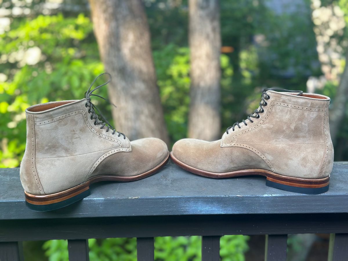 Photo by northsouthdenimguy on May 12, 2026 of the Viberg Viberg x Garmsville Brogue Navvy Boot in Opera Peanut Papillon.