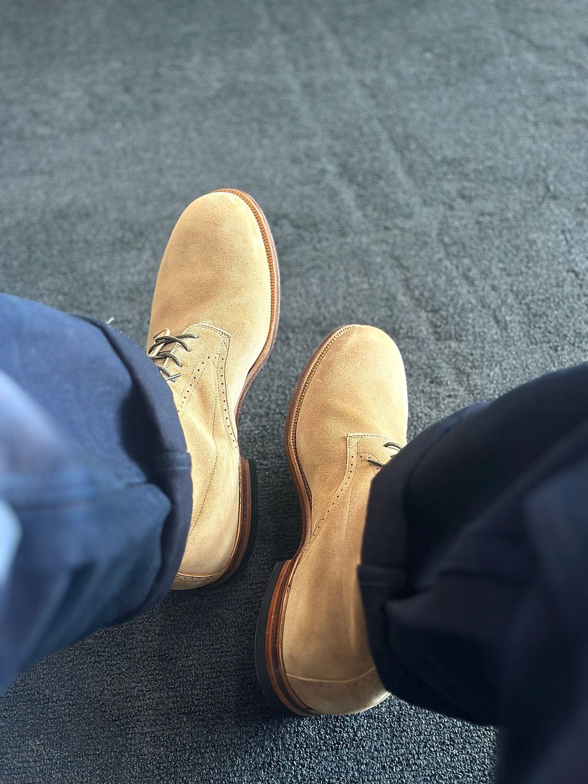 Photo by northsouthdenimguy on May 17, 2026 of the Viberg Viberg x Garmsville Brogue Navvy Boot in Opera Peanut Papillon.