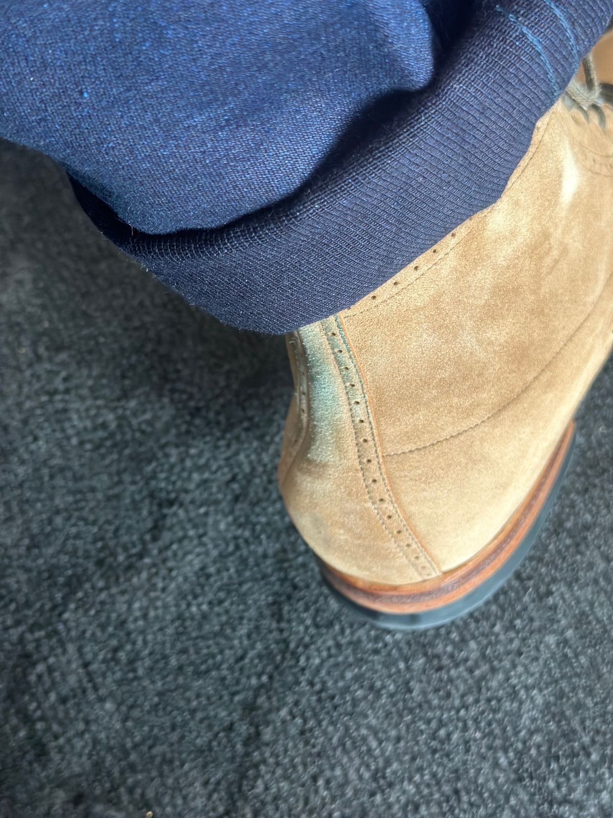 Photo by northsouthdenimguy on May 17, 2026 of the Viberg Viberg x Garmsville Brogue Navvy Boot in Opera Peanut Papillon.