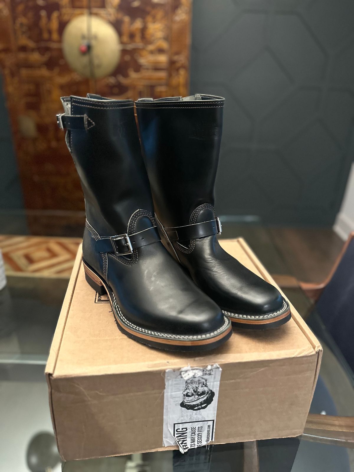 Photo by northsouthdenimguy on June 17, 2025 of the Wesco Mister Lou in PETROLIO OLIVE WAXED BLACK HORSEHIDE.