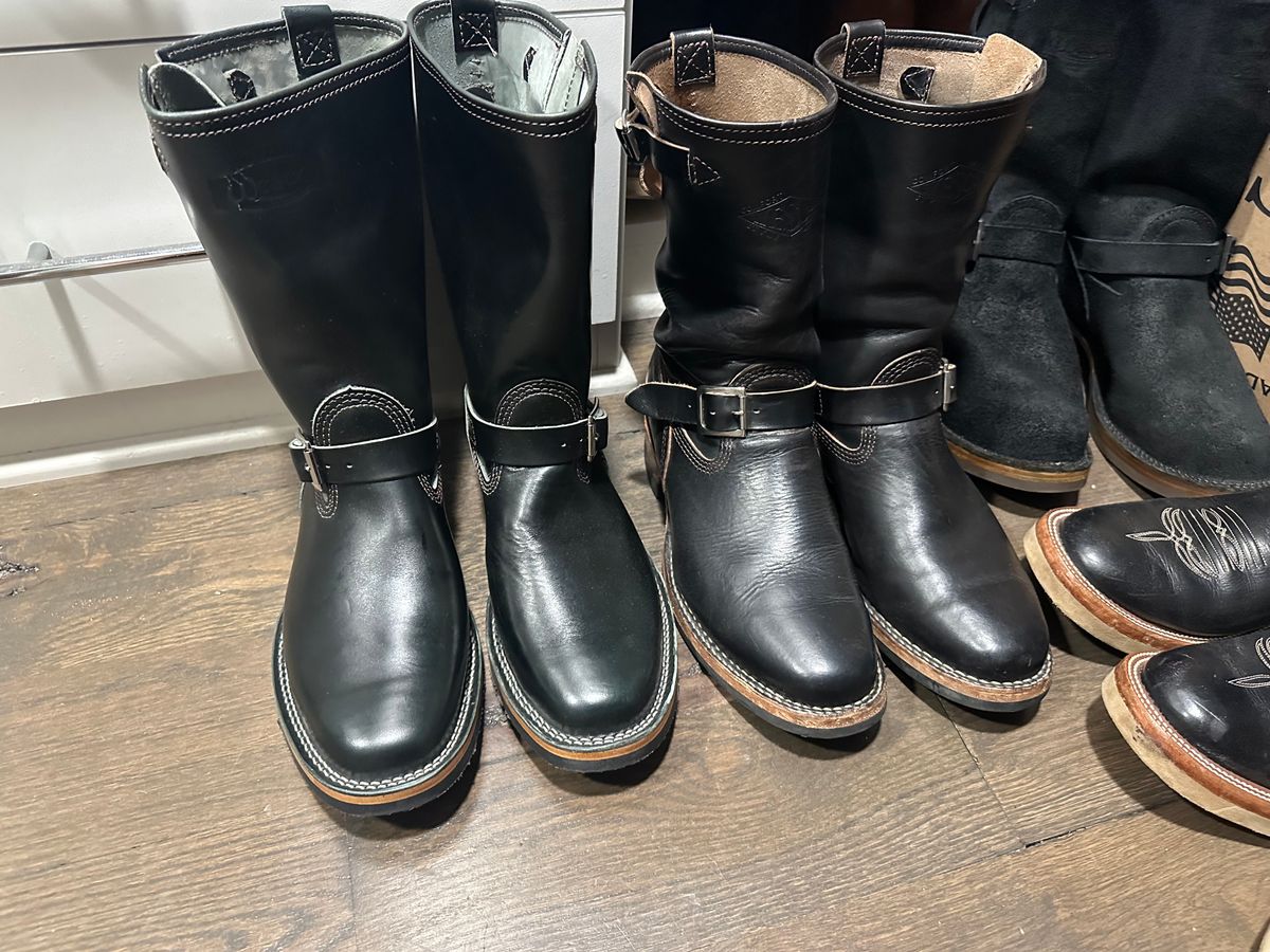 Photo by northsouthdenimguy on June 17, 2025 of the Wesco Mister Lou in PETROLIO OLIVE WAXED BLACK HORSEHIDE.