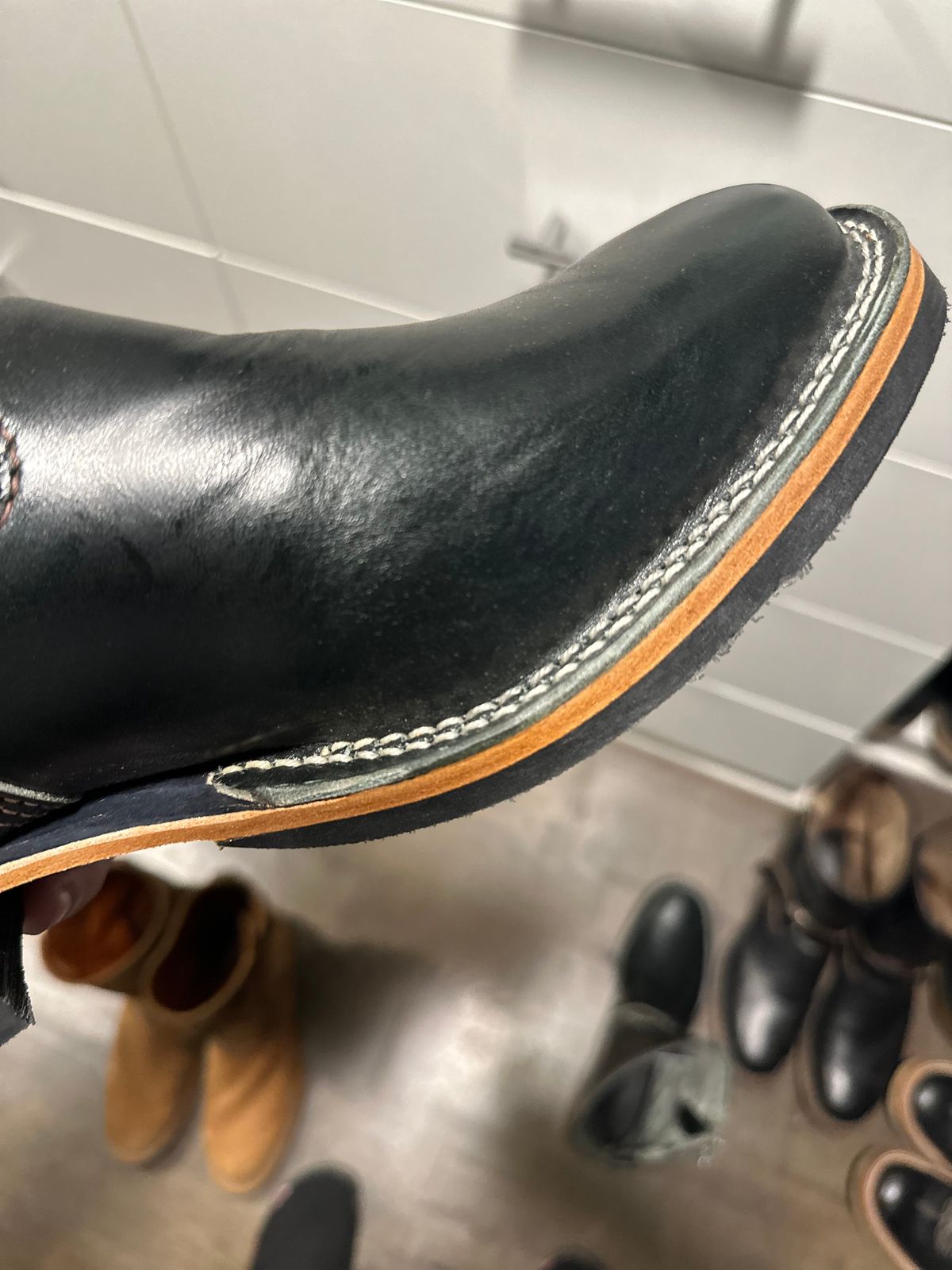 Photo by northsouthdenimguy on June 17, 2025 of the Wesco Mister Lou in PETROLIO OLIVE WAXED BLACK HORSEHIDE.