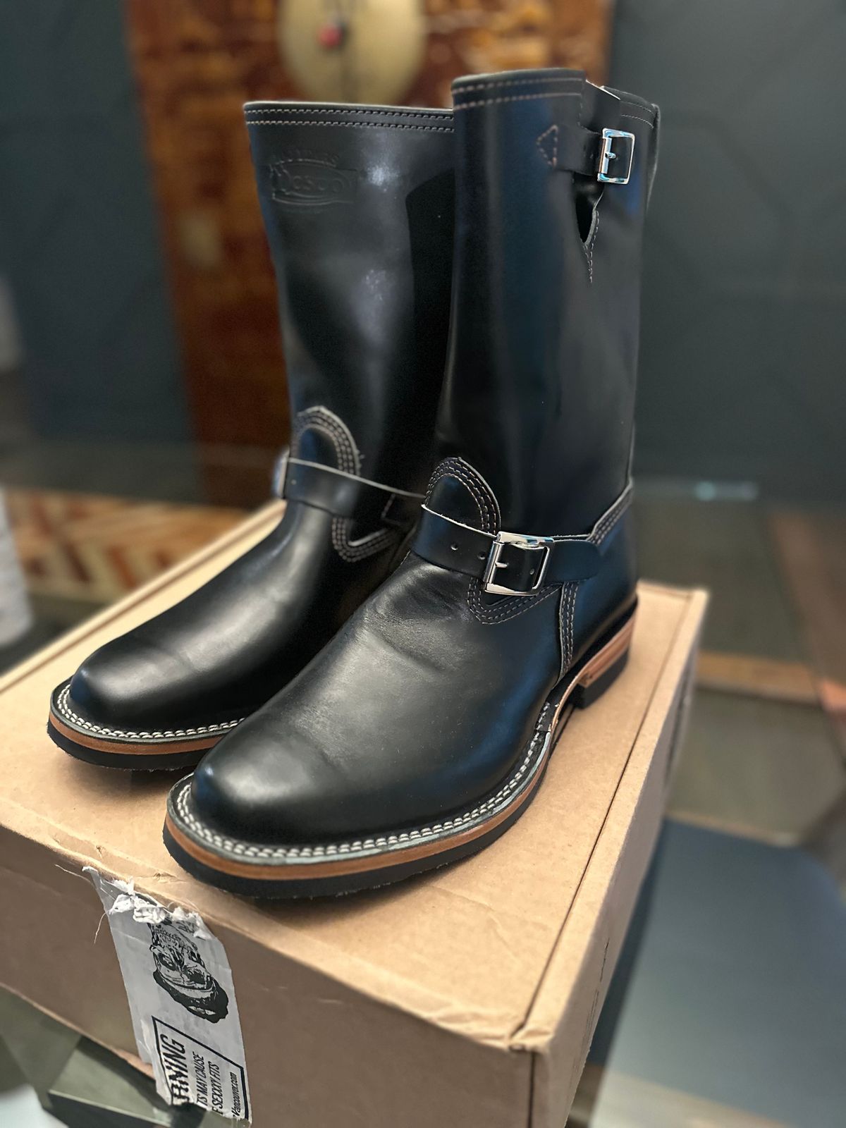 Photo by northsouthdenimguy on June 17, 2025 of the Wesco Mister Lou in PETROLIO OLIVE WAXED BLACK HORSEHIDE.
