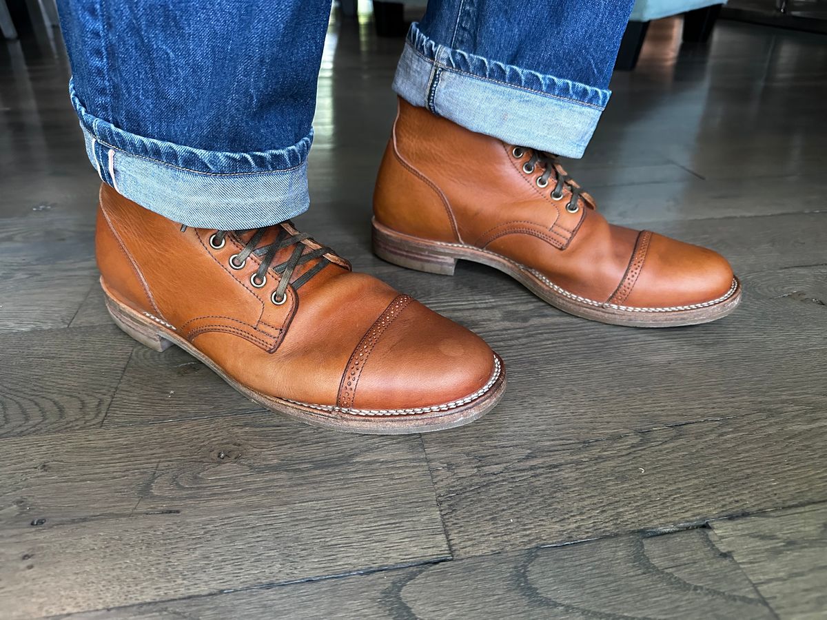 Photo by northsouthdenimguy on July 21, 2023 of the Viberg Service Boot in Natural Japanese Cowhide.