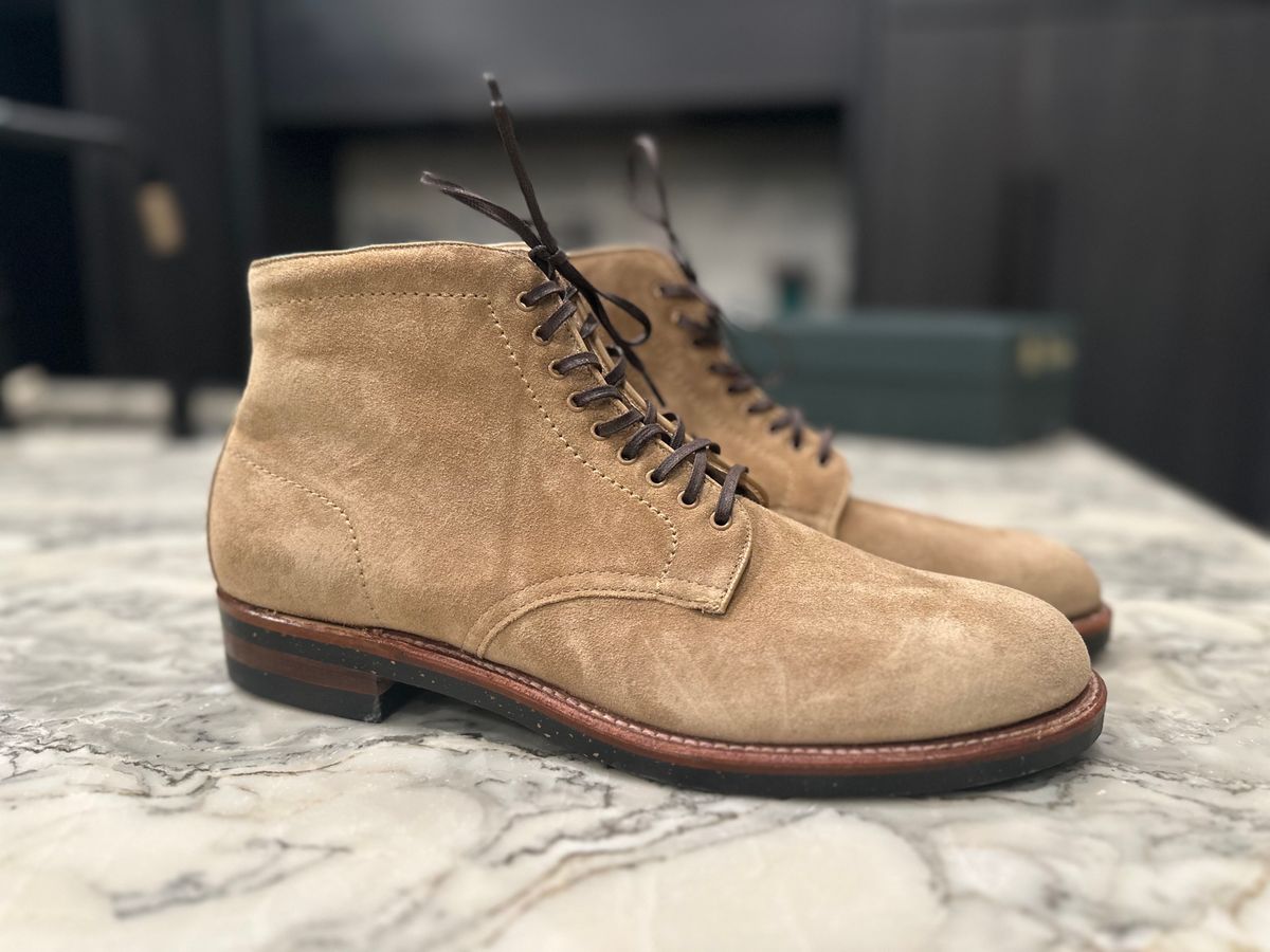 Photo by northsouthdenimguy on January 10, 2024 of the Alden x Brogue Boondocker Boot in Tan Suede.