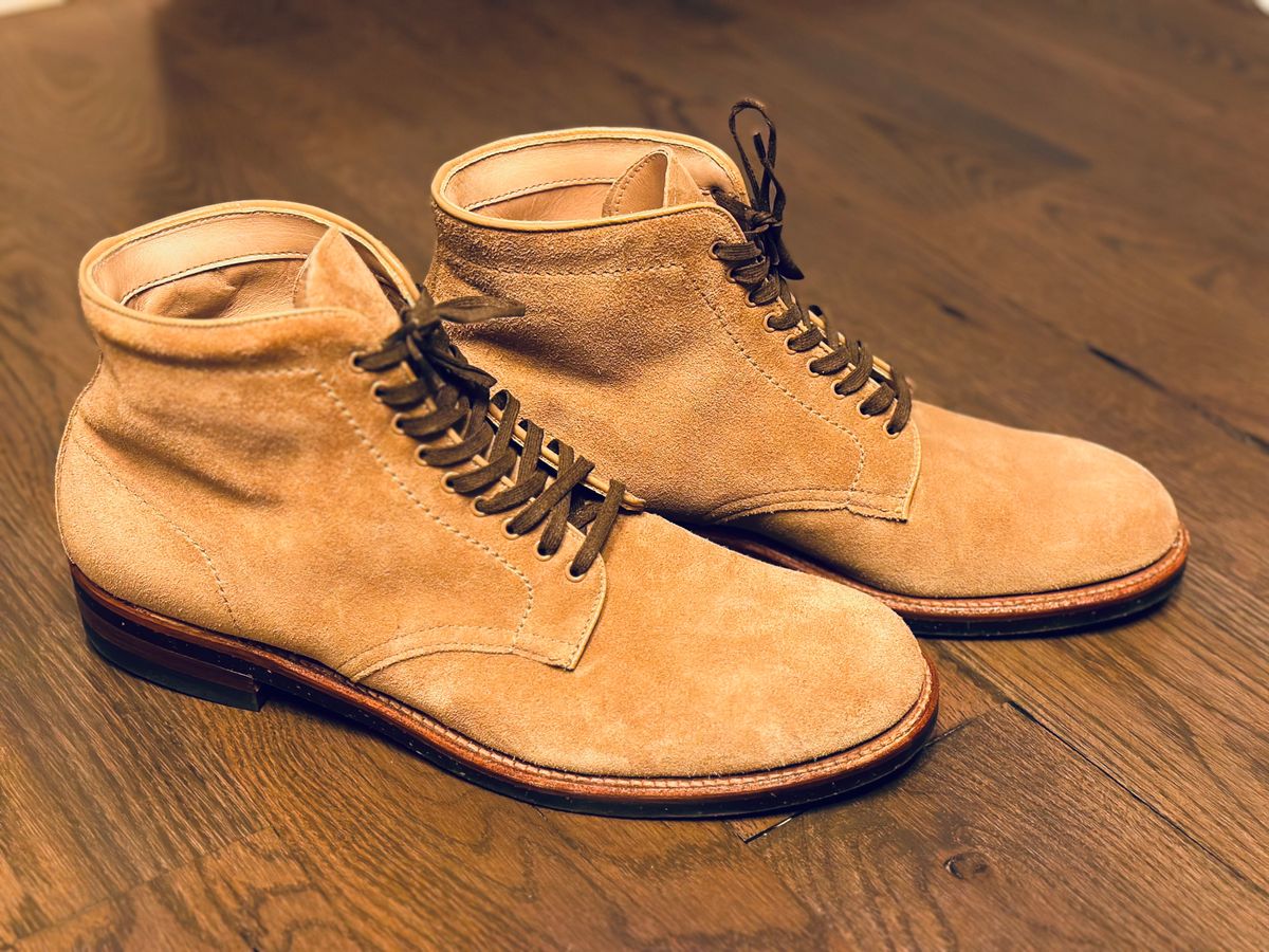 Photo by northsouthdenimguy on April 23, 2024 of the Alden x Brogue Boondocker Boot in Tan Suede.