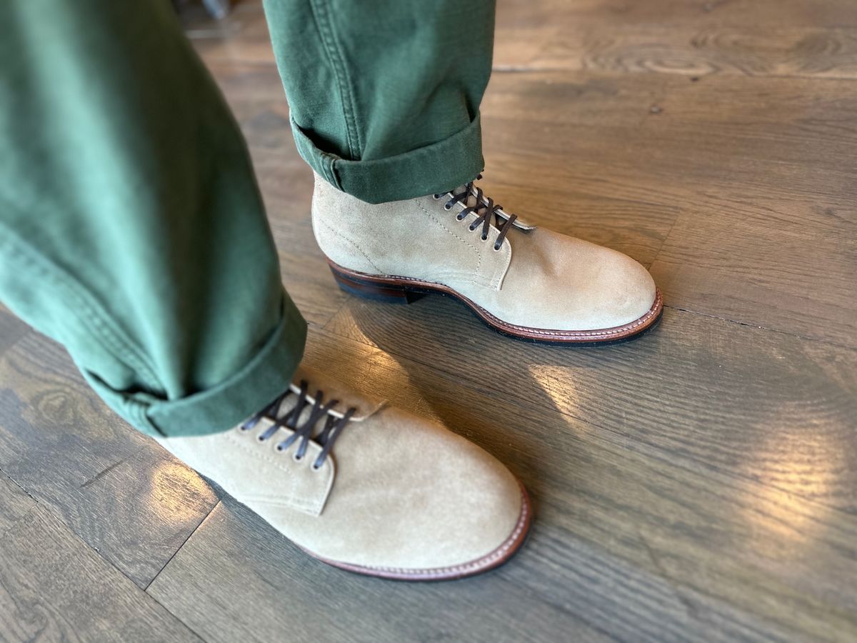 Photo by northsouthdenimguy on January 13, 2024 of the Alden x Brogue Boondocker Boot in Tan Suede.