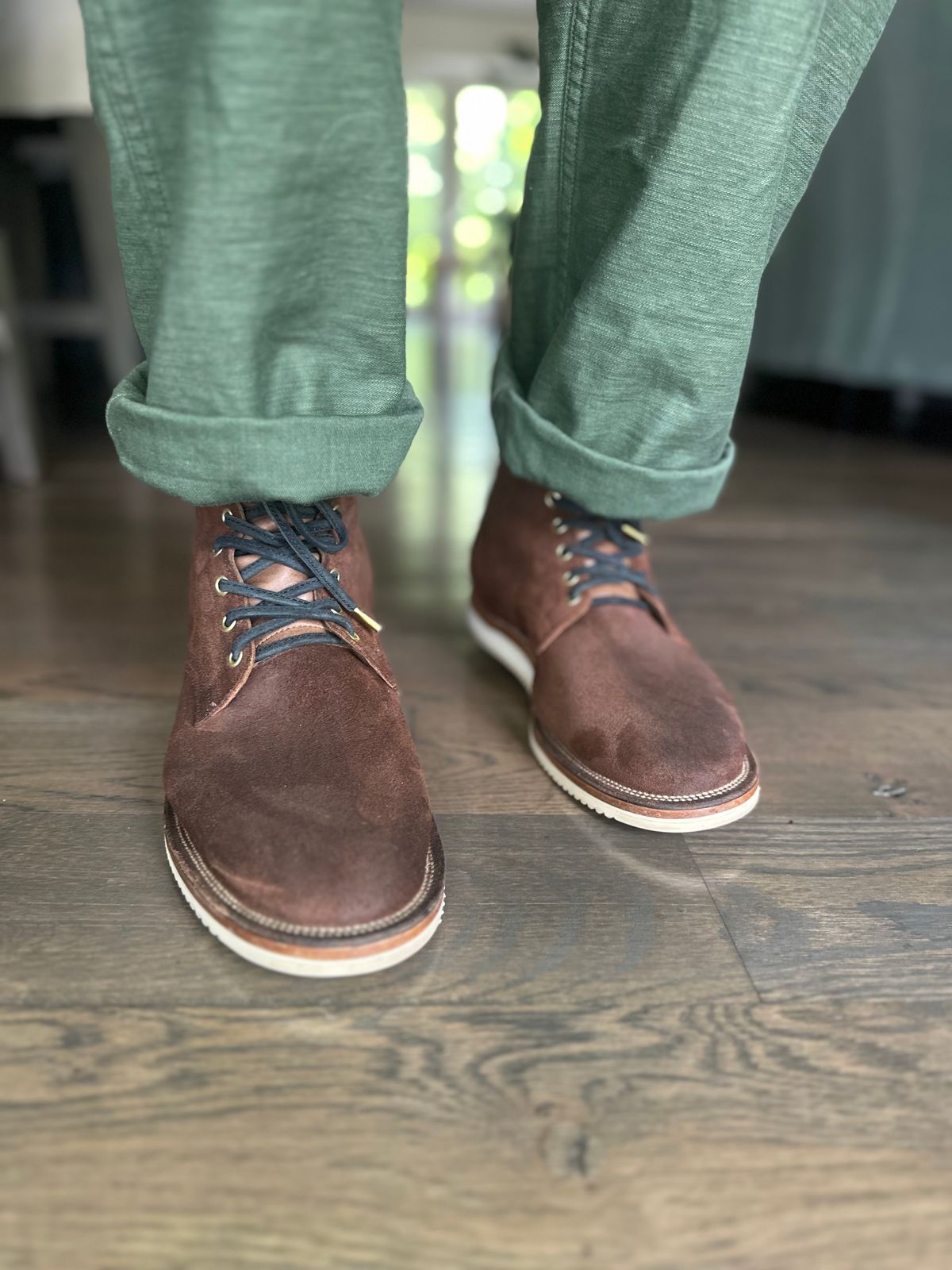 Photo by northsouthdenimguy on May 26, 2025 of the Viberg Service Boot in Horween Tobacco Chamois Roughout.