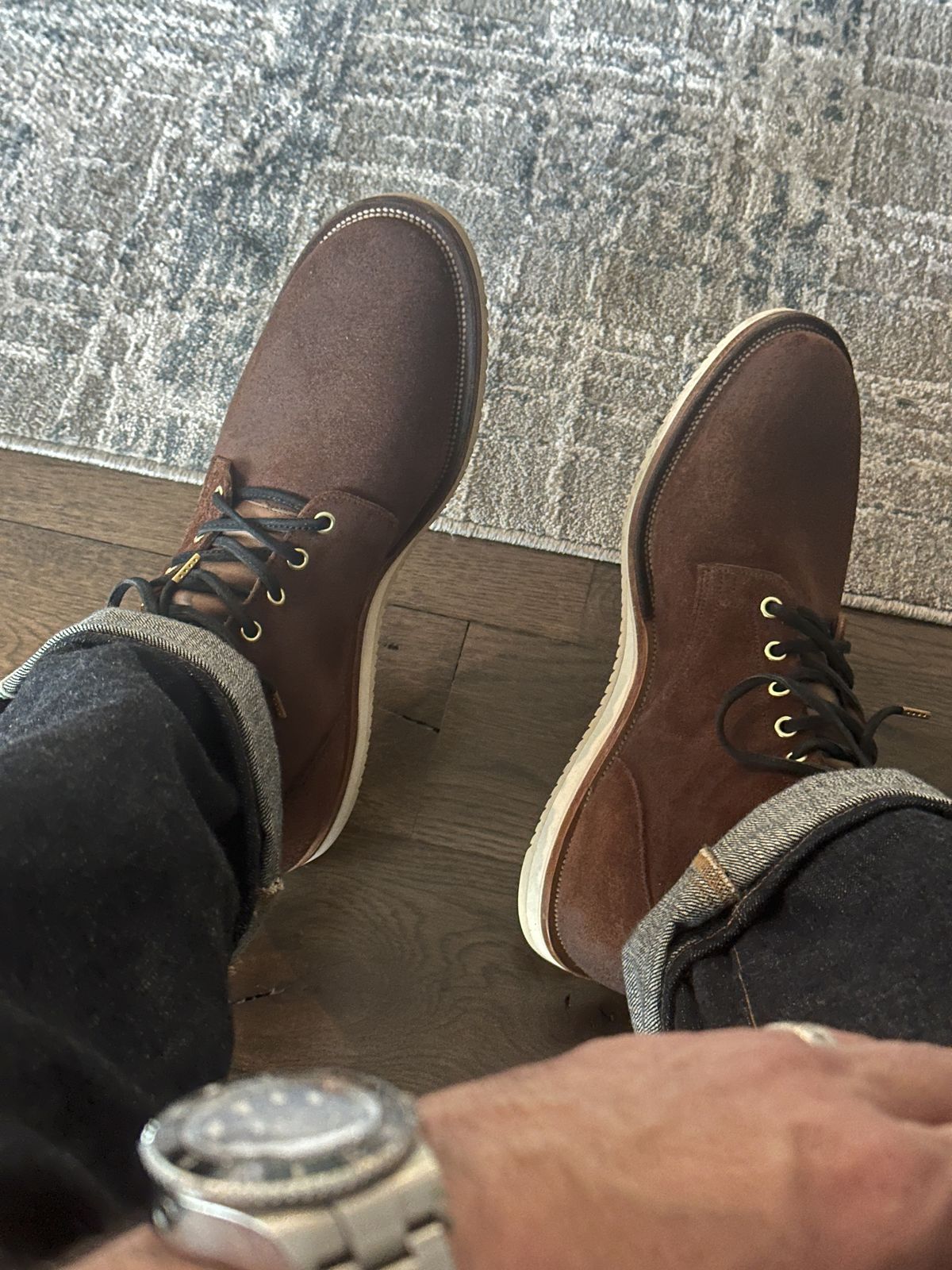 Photo by northsouthdenimguy on August 9, 2025 of the Viberg Service Boot in Horween Tobacco Chamois Roughout.