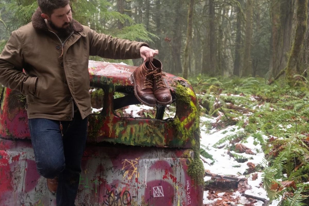 Photo by patinalfather on December 6, 2022 of the John Lofgren Combat Boots in Shinki Wabi-Sabi Horsebutt.
