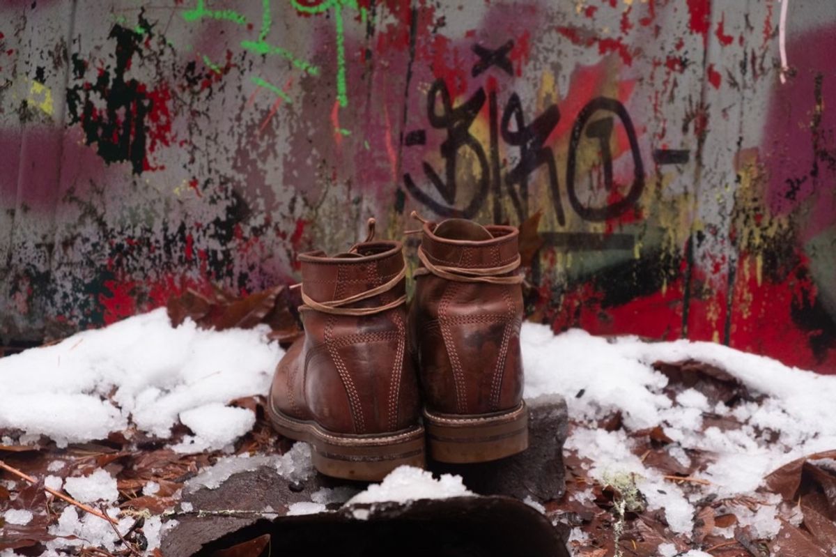 Photo by patinalfather on December 6, 2022 of the John Lofgren Combat Boots in Shinki Wabi-Sabi Horsebutt.
