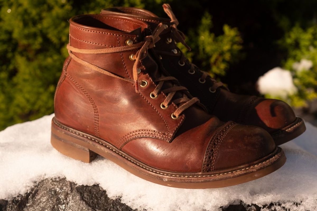 Photo by patinalfather on December 6, 2022 of the John Lofgren Combat Boots in Shinki Wabi-Sabi Horsebutt.