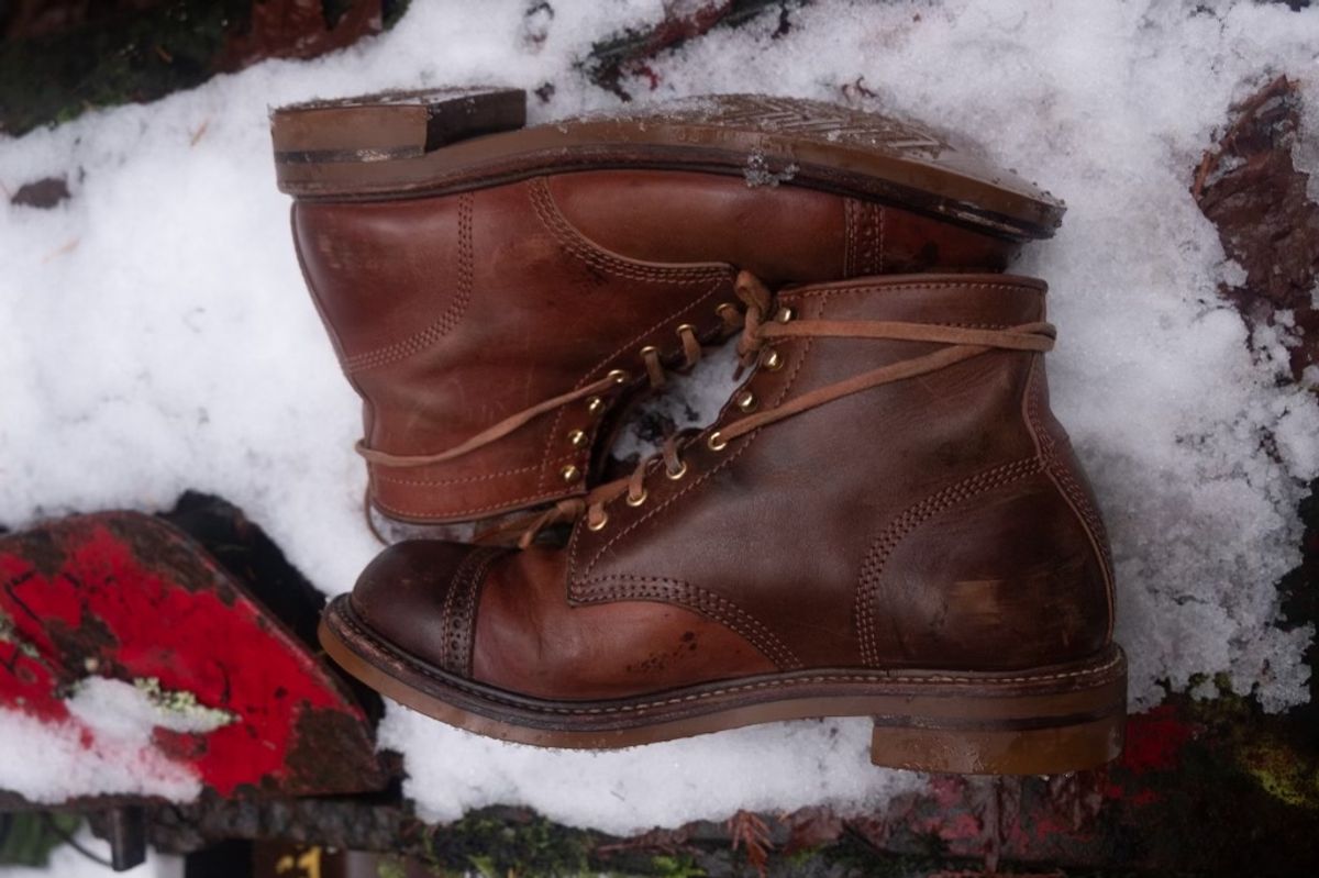 Photo by patinalfather on December 6, 2022 of the John Lofgren Combat Boots in Shinki Wabi-Sabi Horsebutt.