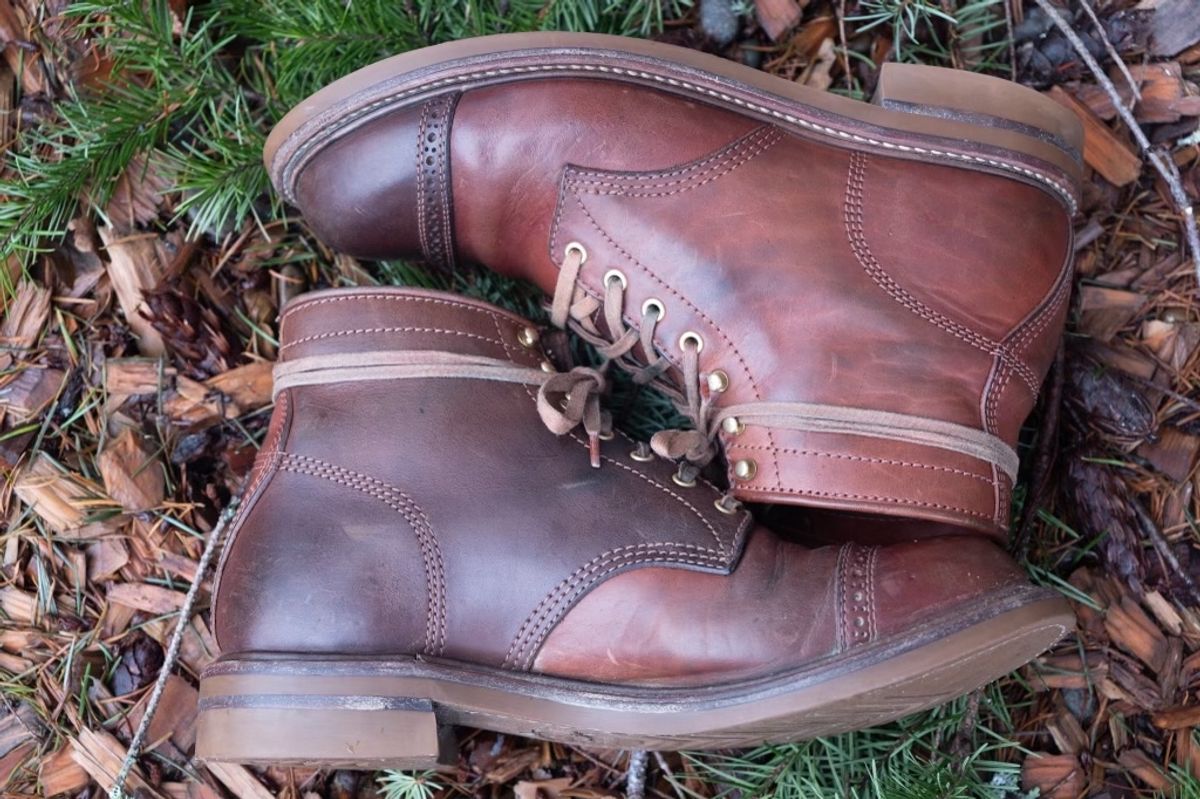 Photo by patinalfather on January 3, 2023 of the John Lofgren Combat Boots in Shinki Wabi-Sabi Horsebutt.