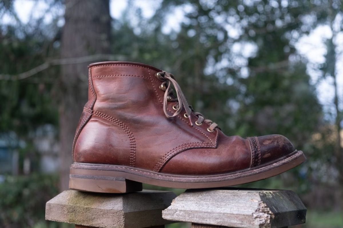 Photo by patinalfather on February 3, 2023 of the John Lofgren Combat Boots in Shinki Wabi-Sabi Horsebutt.