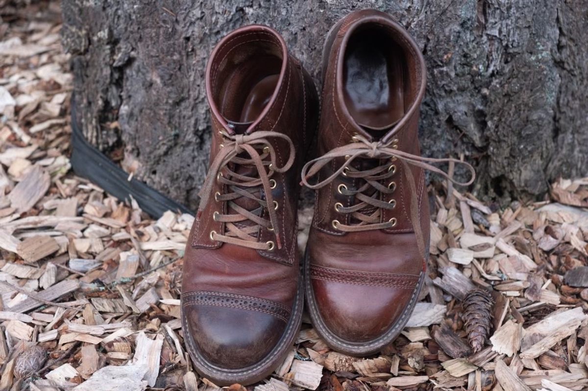Photo by patinalfather on February 3, 2023 of the John Lofgren Combat Boots in Shinki Wabi-Sabi Horsebutt.