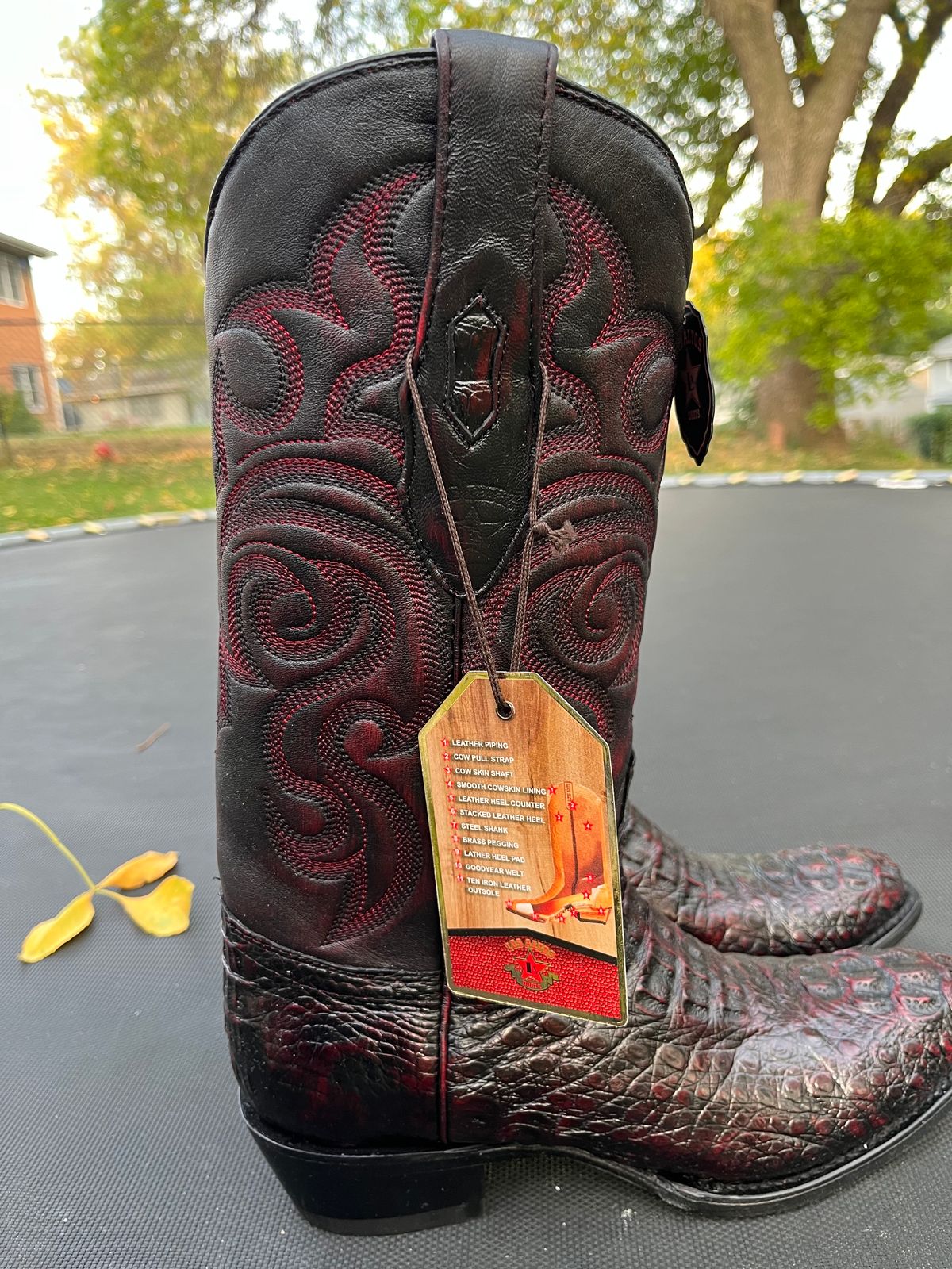 Photo by MrSaver on October 1, 2023 of the Los Altos Cowboy boot in Black Cherry Hornback Caiman.