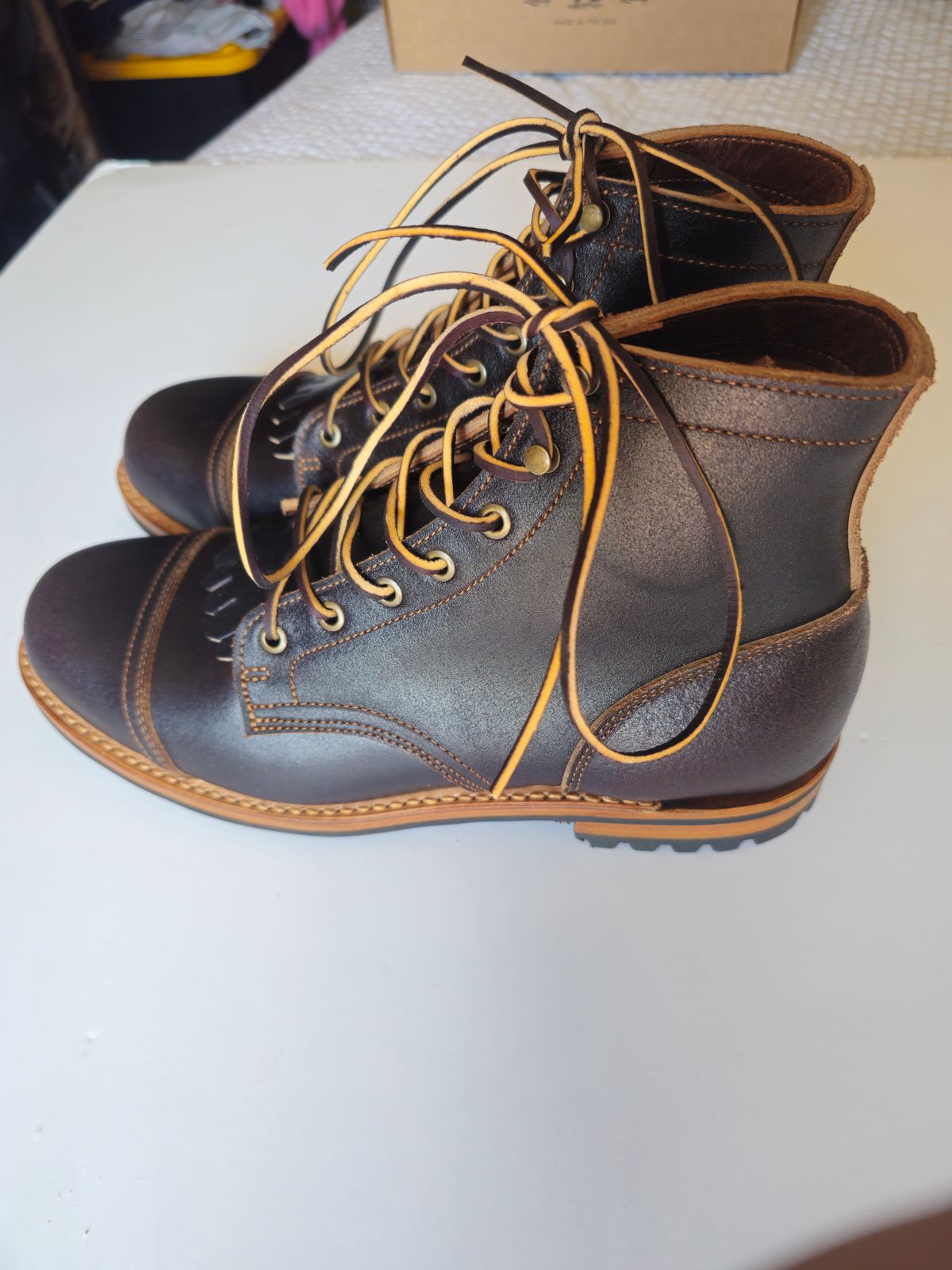 Photo by fozzie_the_bear on April 20, 2024 of the Truman Cap Toe Boot in Horween Java Waxed Flesh.