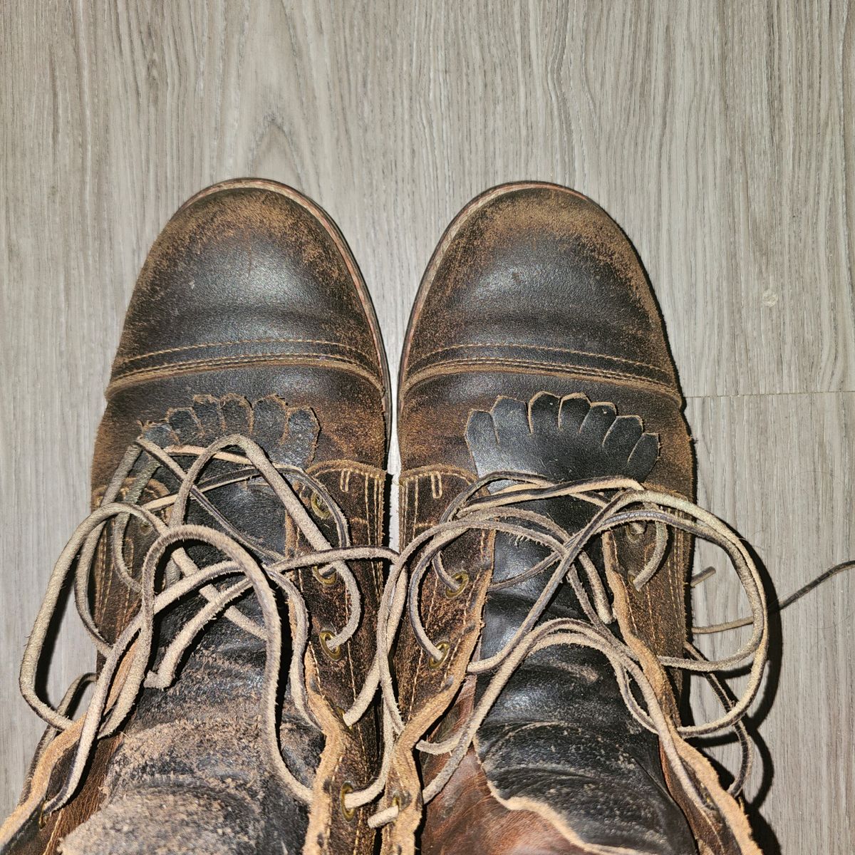 Photo by fozzie_the_bear on May 2, 2025 of the Truman Cap Toe Boot in Horween Java Waxed Flesh.