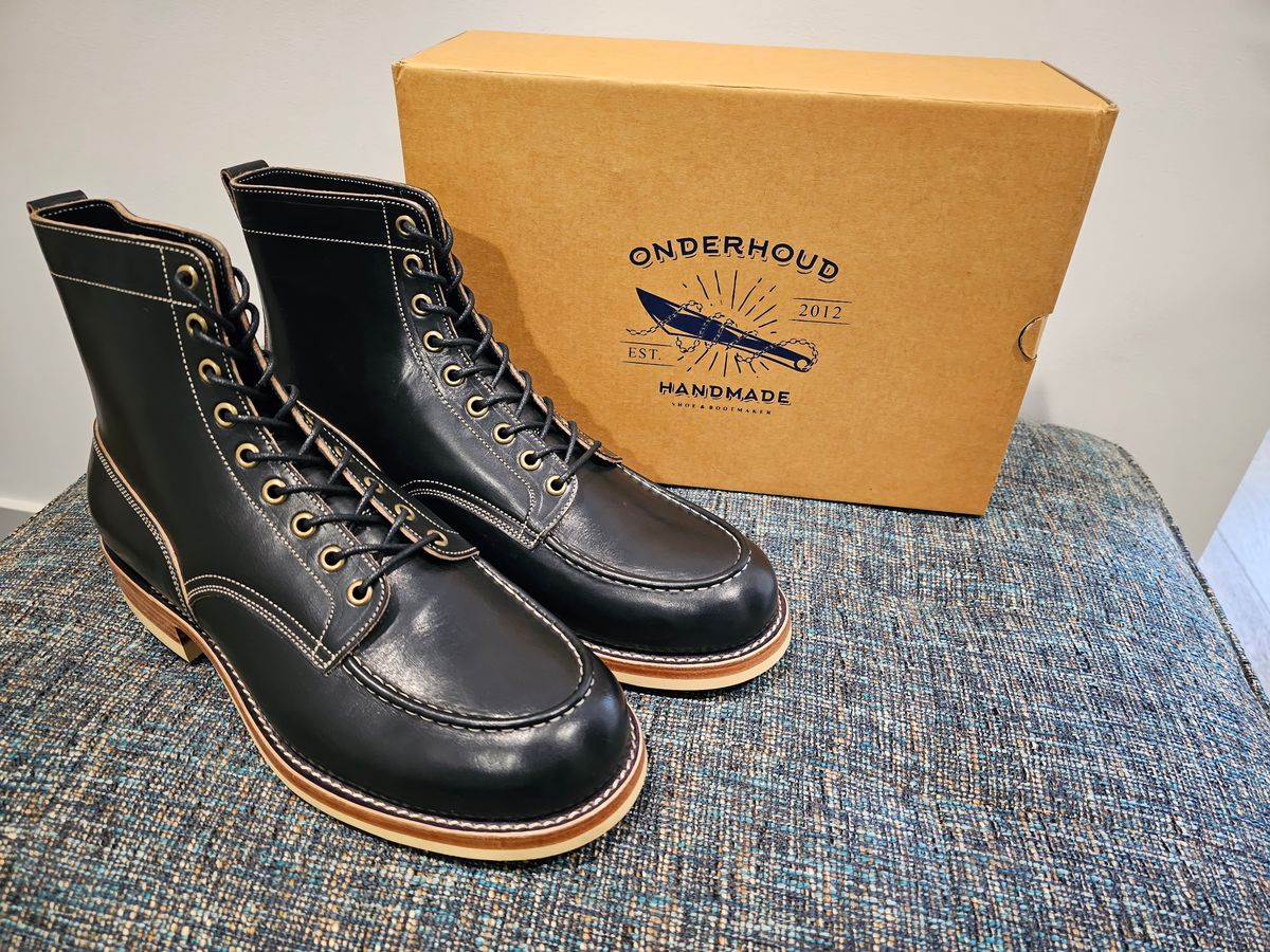 Photo by cgbaird2 on September 11, 2023 of the Onderhoud MC01 Moc Toe Boot in Wickett & Craig Black Traditional Harness.