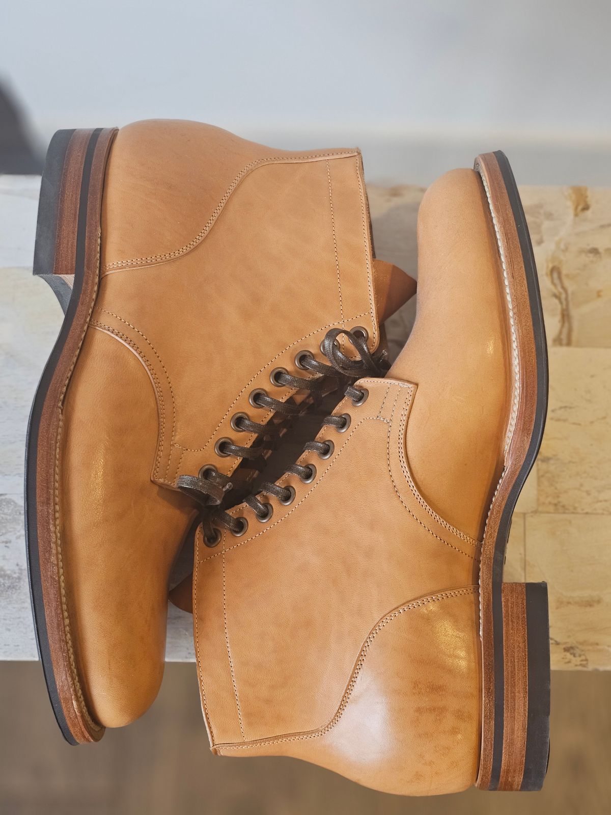Photo by cgbaird2 on October 2, 2025 of the Viberg Service Boot in Maryam Natural Horsebutt.