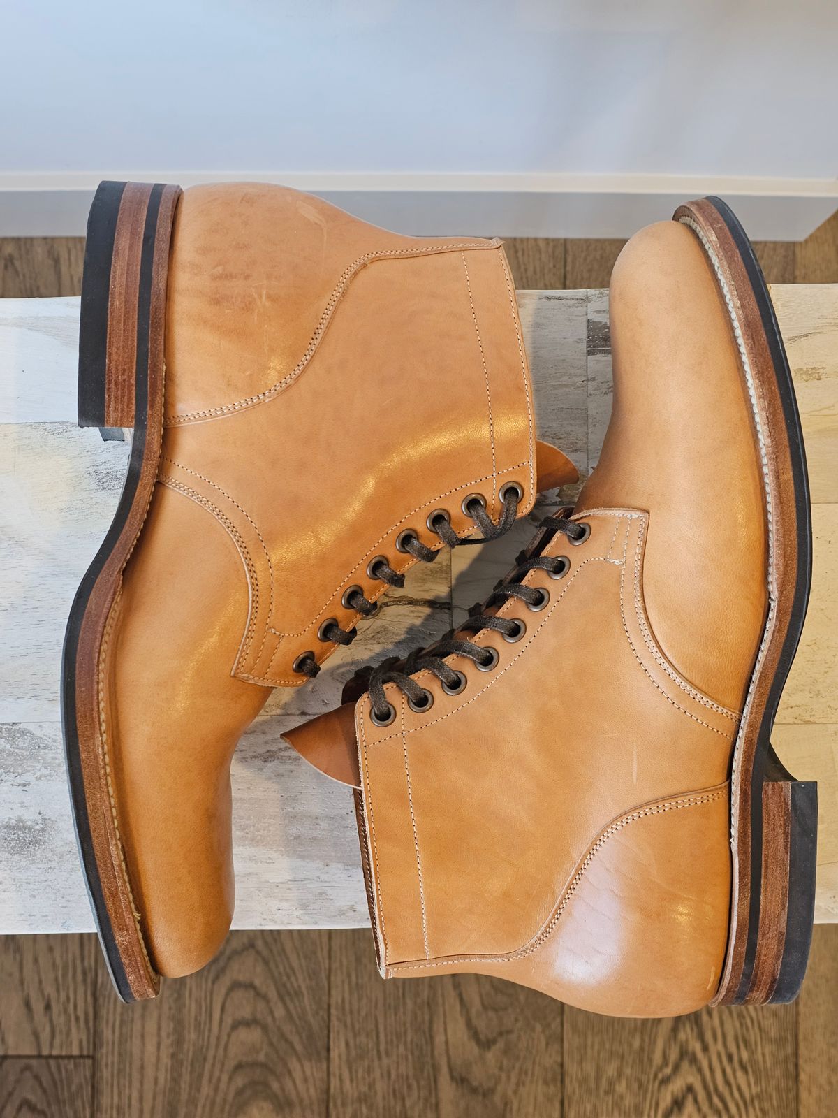 Photo by cgbaird2 on November 4, 2025 of the Viberg Service Boot in Maryam Natural Horsebutt.