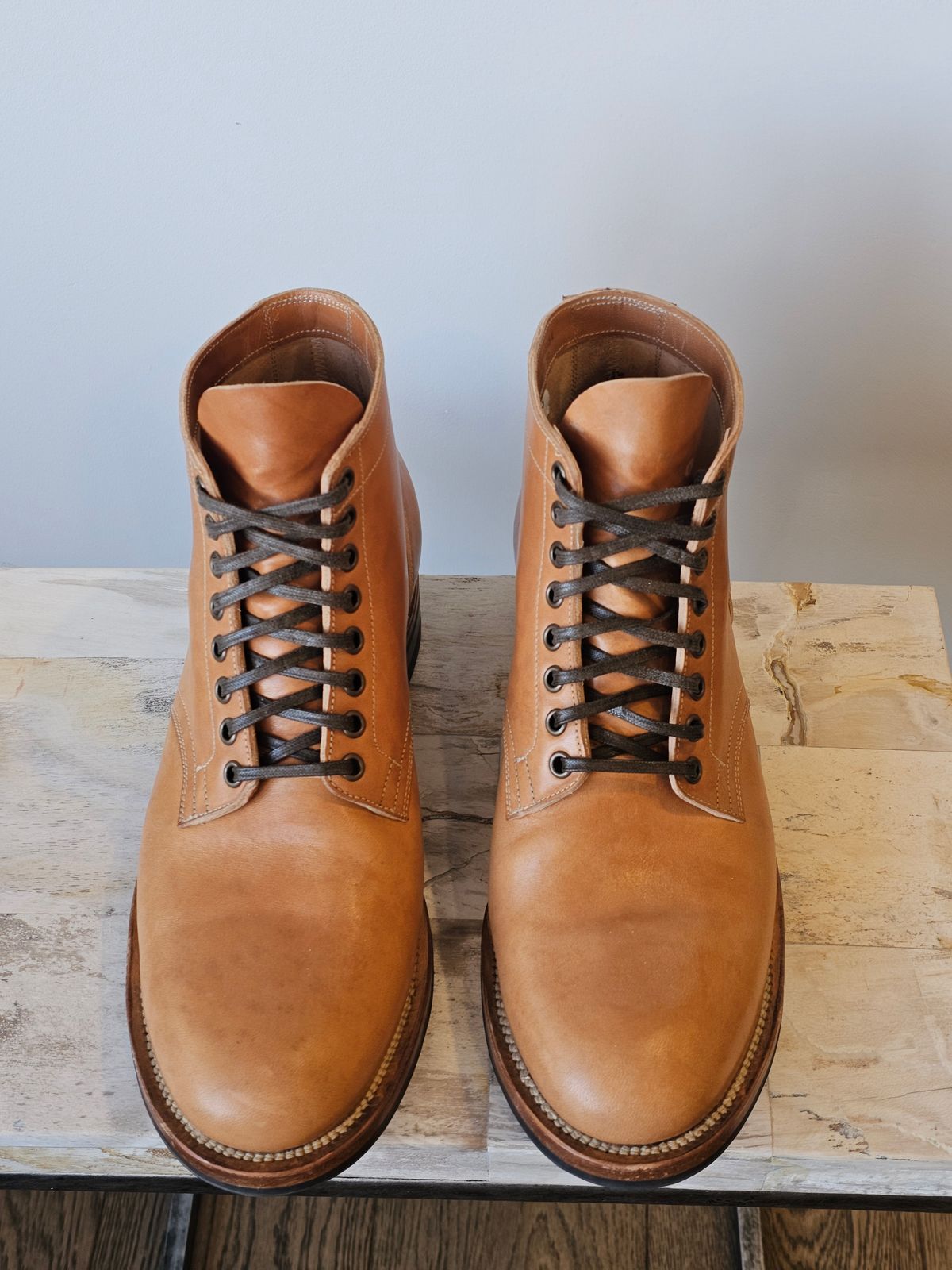 Photo by cgbaird2 on November 4, 2025 of the Viberg Service Boot in Maryam Natural Horsebutt.