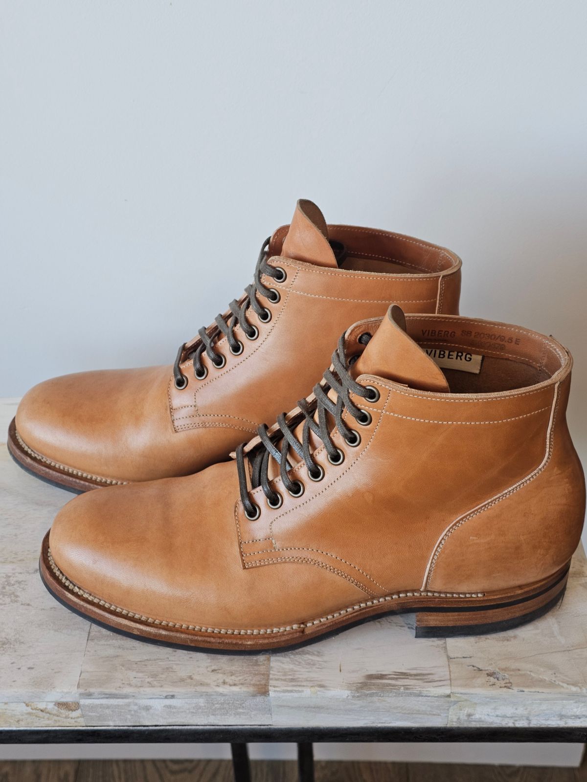 Photo by cgbaird2 on December 5, 2025 of the Viberg Service Boot in Maryam Natural Horsebutt.