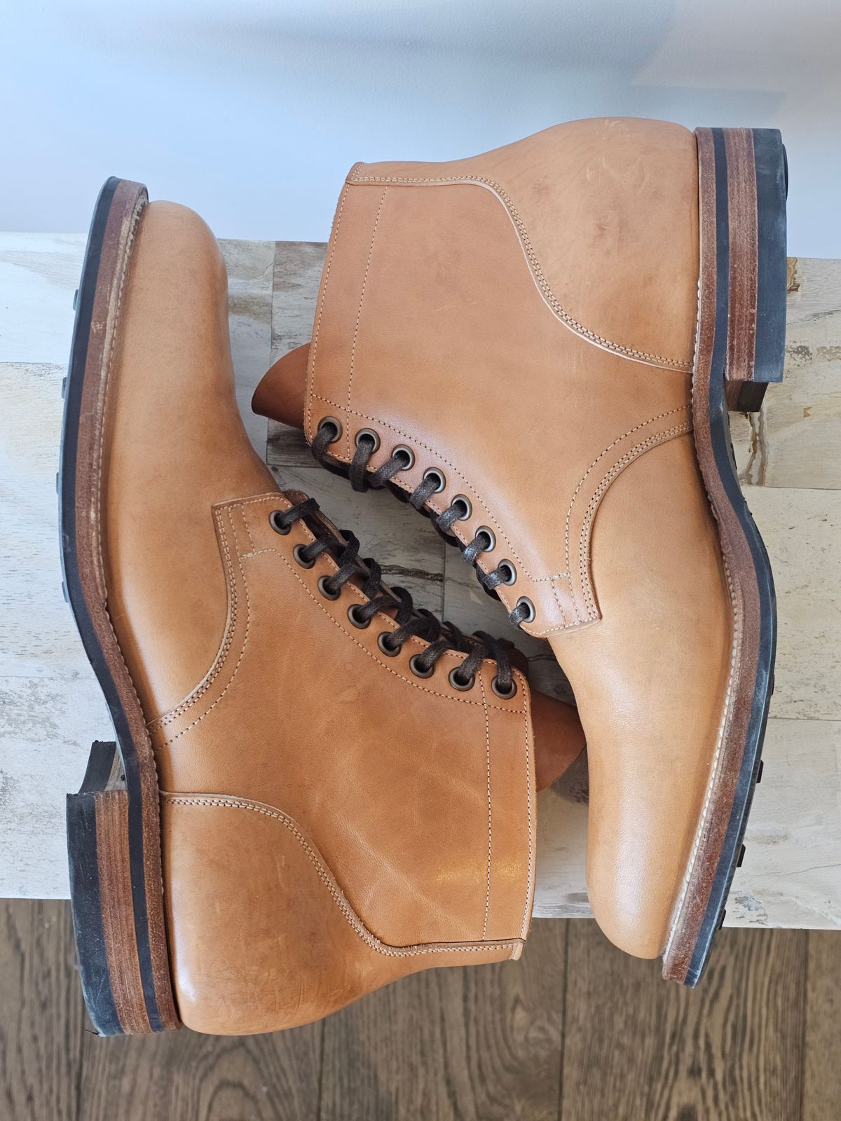 Photo by cgbaird2 on December 5, 2025 of the Viberg Service Boot in Maryam Natural Horsebutt.