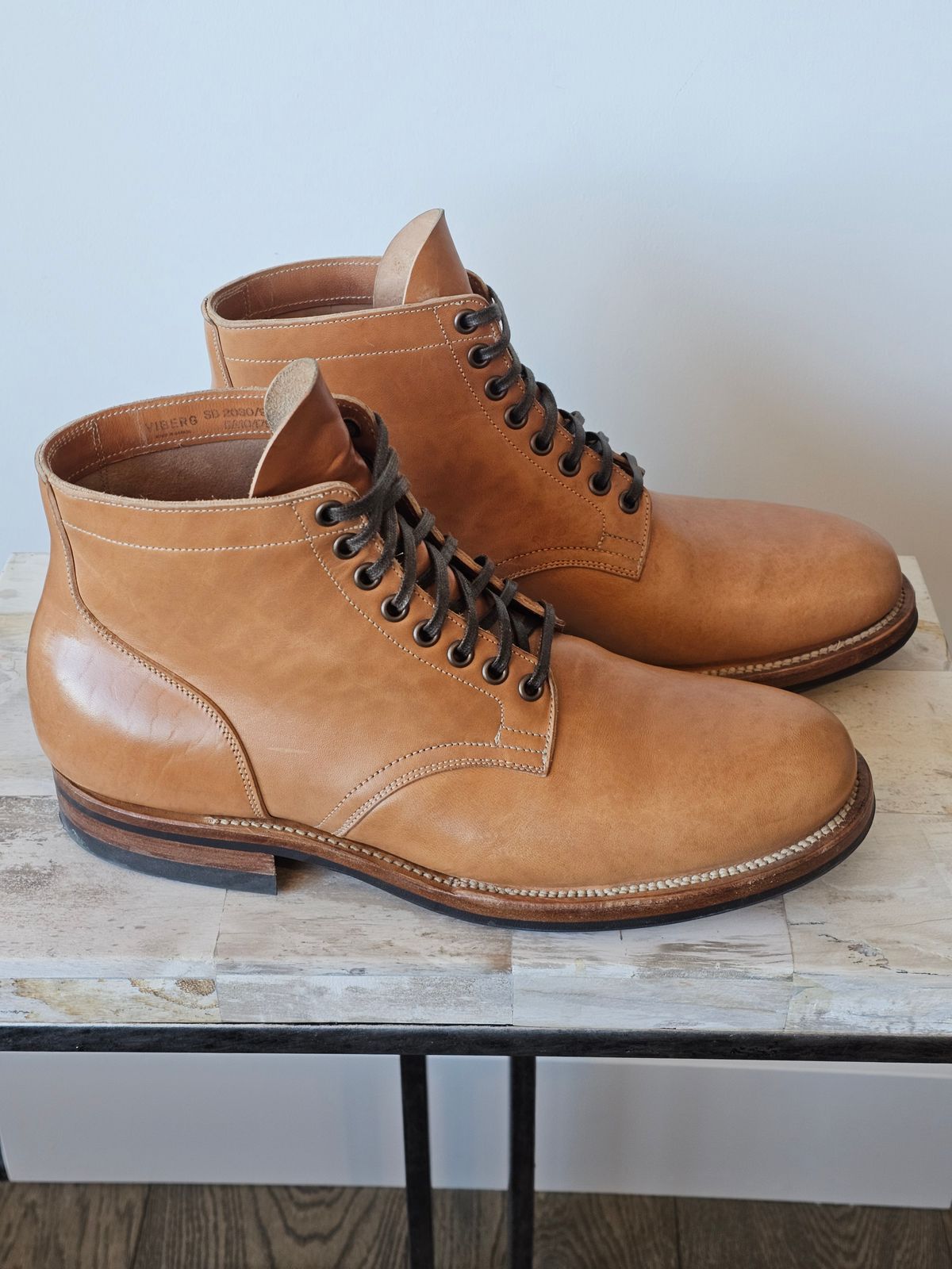 Photo by cgbaird2 on December 5, 2025 of the Viberg Service Boot in Maryam Natural Horsebutt.